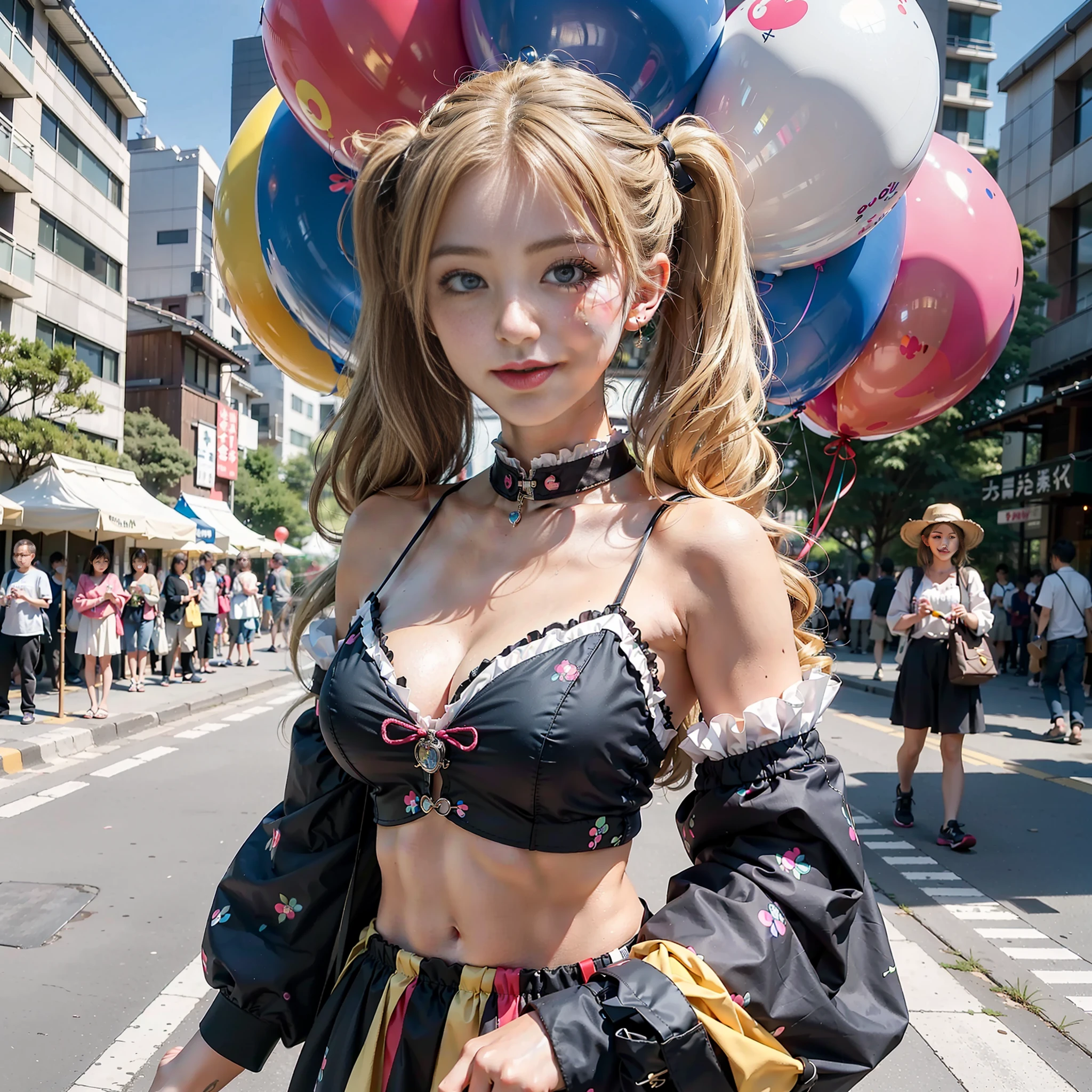 ((top quality, 8k, masterpiece: 1.3)), one woman, full body, blue-eyed beautiful girl with many balloons, (smile, blonde, twin tails) (big: 1.3, cleavage), cut abs, revealing, colorful clown outfit, ultra-detailed face, (detailed eyes, double eyelids, eye catch, catch light, long eyelashes), Sony α7, 85 mm, f / 1.4, ISO 100, Balloons are multicolored, balloon designs are varied, Ueno Park,