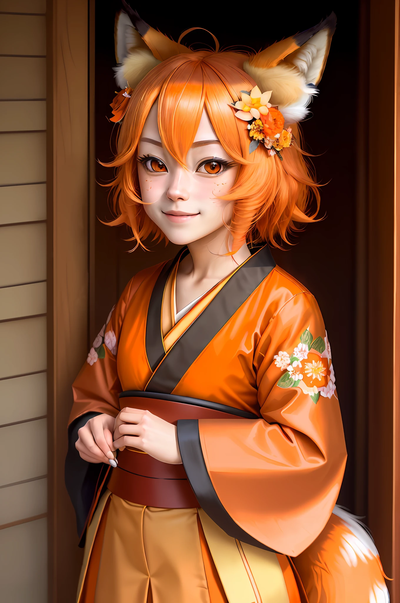 high detail, (photorealistic), realistic, masterpiece, best quality, ((portrait of Senko-san's face The helpful fox )), Senko-sancroptop, detailed face, detailed eyes, (hair flower), (hair ornament), (orange eyes), (orange hair), (short hair), tail, flat chest, kimono, miko, happy, [smile, [pointed collar], pentagram] high