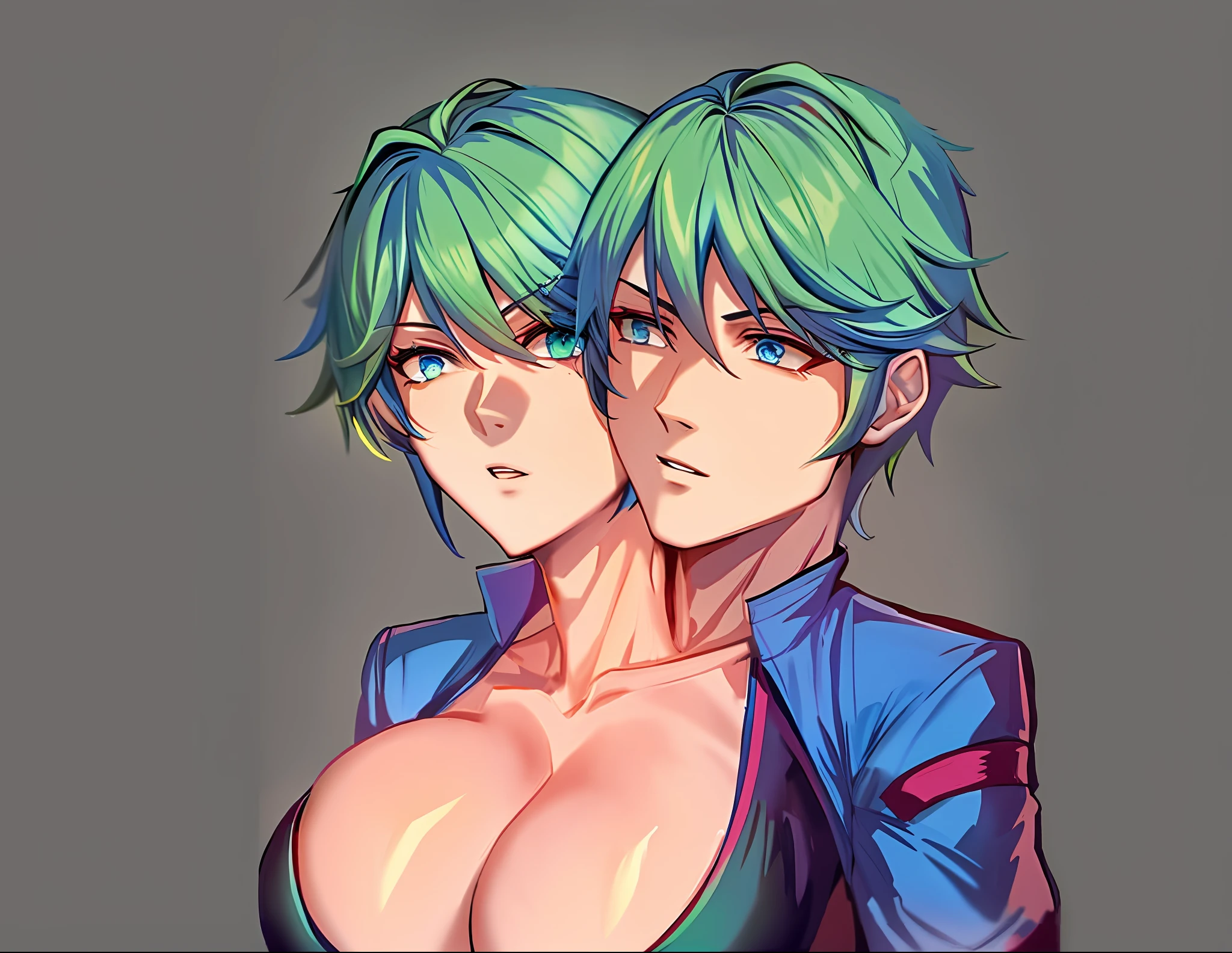 conjoined brother and sister, two heads, two heads on one body, male and female conjoinment, two-headed conjoined twins, two-headed conjoined twins with male left head and female right head, green hair, blue eyes, bust shot, large breasts, cleavage, open jacket showing clevage,
