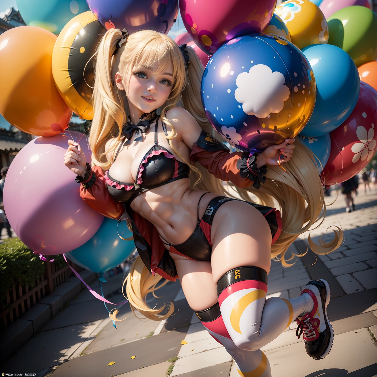 ((Best Quality, 8k, Masterpiece: 1.3)), 1 woman, full body, smiling beautiful girl with many balloons, (blonde, twin tails) (big: 1.3, cleavage), cut abs, revealing, colorful clown outfit, ultra-detailed face, (detailed eyes, double eyelids, color contacts, eye catch, catch light, long eyelashes), balloons are multicolored, Various balloon designs, Sony α7, 85 mm, f / 1.4, ISO 100, Ueno Park,
