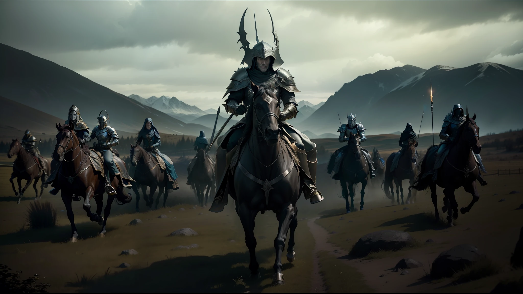 there are many people riding horses in a field with mountains in the background, elden ring cinematic lighting, nekro, undead soldiers in background, still image from the movie, with sleek silver metal armor, warhammer 40000 in islam, from left, time elves, photo of boris johnson running, royal insignia in background, official trailer, sharp edged black armor