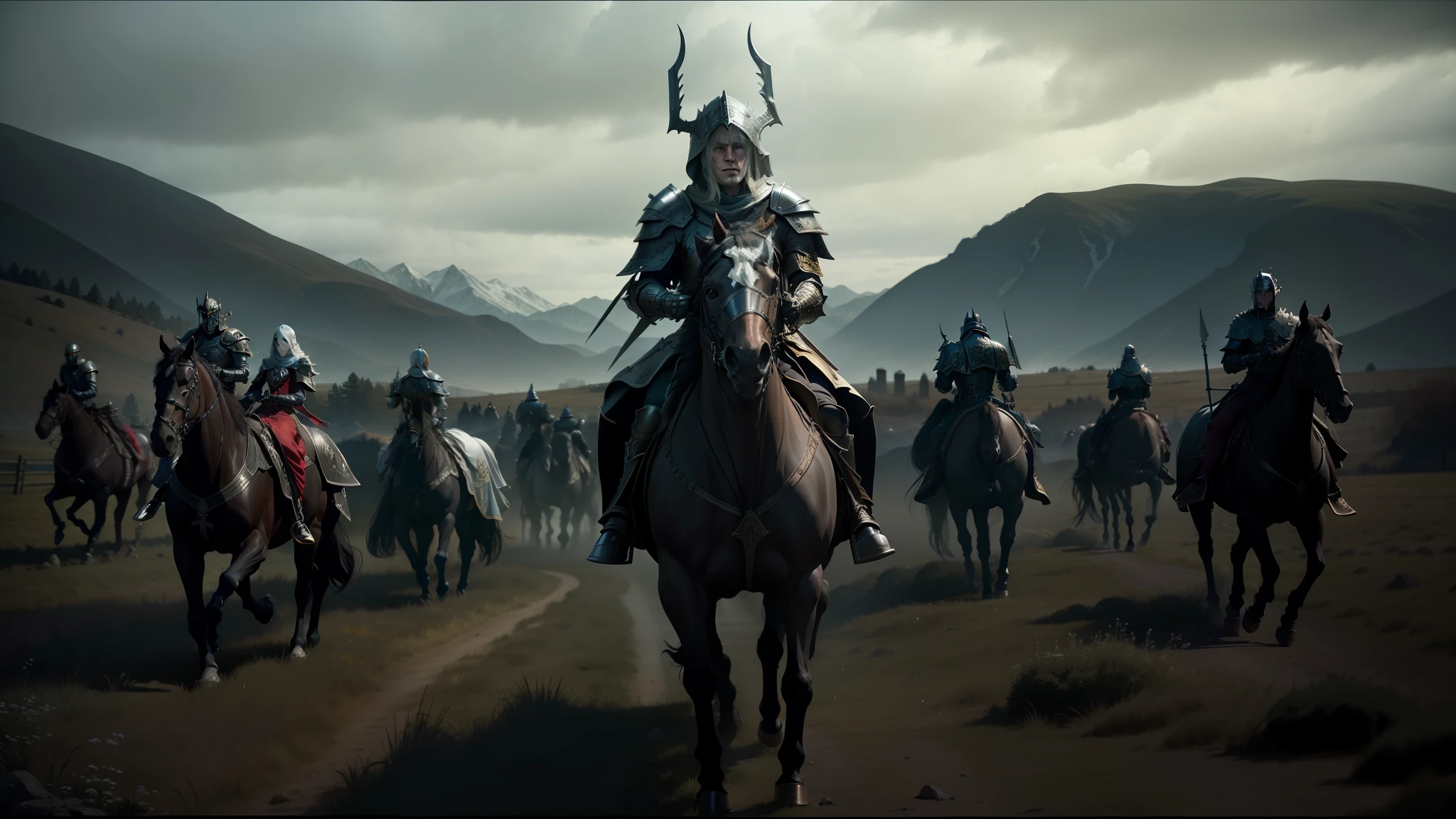 there are many people riding horses in a field with mountains in the background, elden ring cinematic lighting, nekro, undead soldiers in background, still image from the movie, with sleek silver metal armor, warhammer 40000 in islam, from left, time elves, photo of boris johnson running, royal insignia in background, official trailer, sharp edged black armor