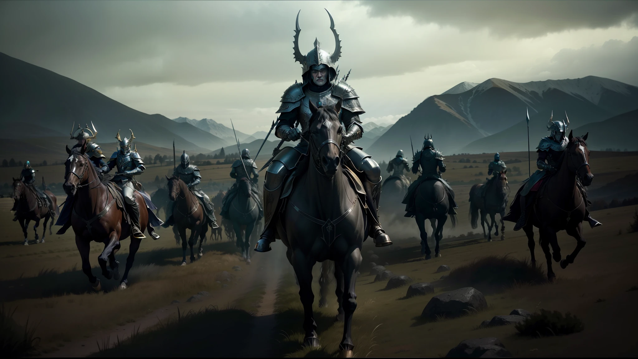 there are many people riding horses in a field with mountains in the background, elden ring cinematic lighting, nekro, undead soldiers in background, still image from the movie, with sleek silver metal armor, warhammer 40000 in islam, from left, time elves, photo of boris johnson running, royal insignia in background, official trailer, sharp edged black armor