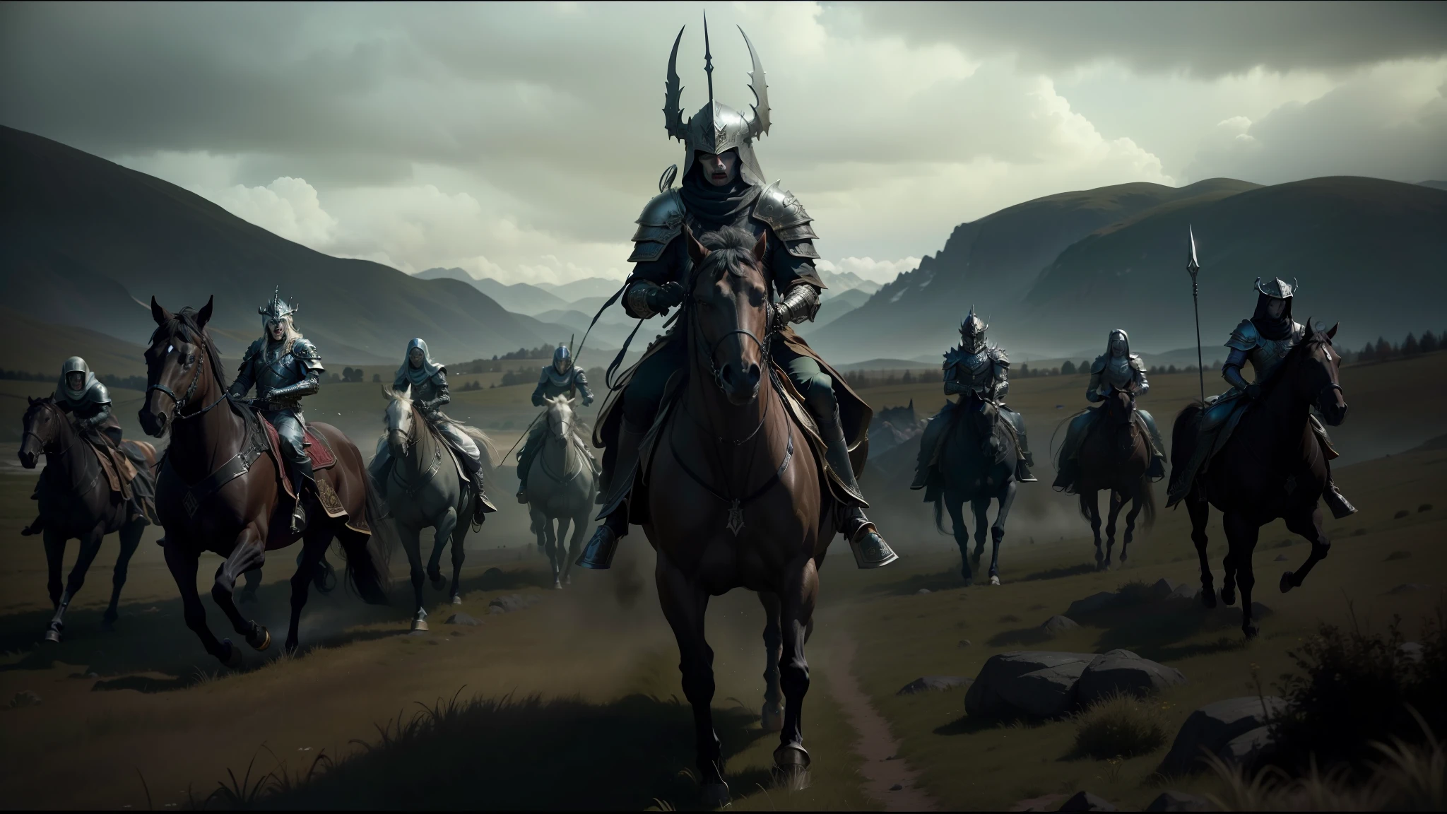 there are many people riding horses in a field with mountains in the background, elden ring cinematic lighting, nekro, undead soldiers in background, still image from the movie, with sleek silver metal armor, warhammer 40000 in islam, from left, time elves, photo of boris johnson running, royal insignia in background, official trailer, sharp edged black armor