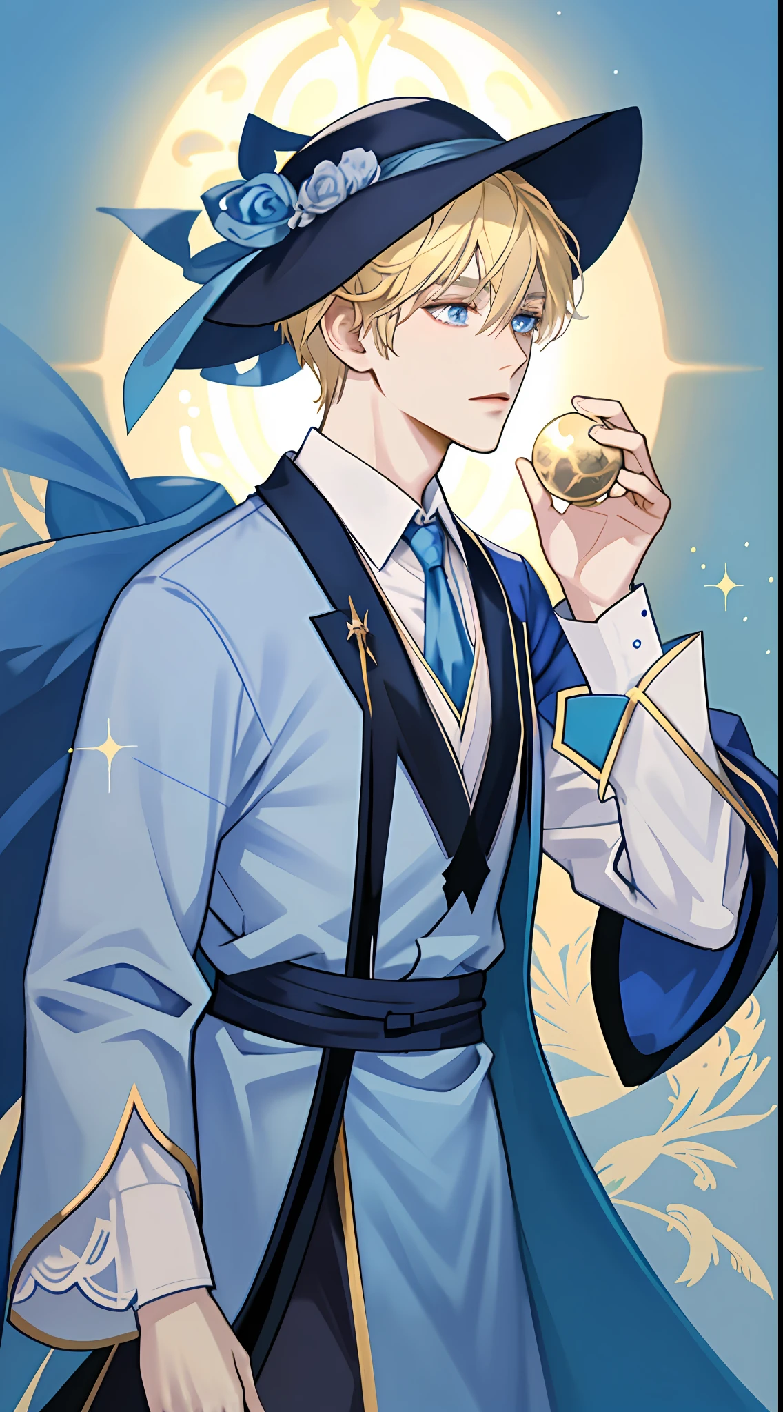Anime - a portrait of a character in a blue silk shirt, blue hat, love light, pixiv, visual arts, beautiful androgynous prince, delicate androgynous prince, portrait of the magical blonde prince, Zerochan Art, Zerochan, (in aristocratic robes)), royal elegant pose, golden and blue