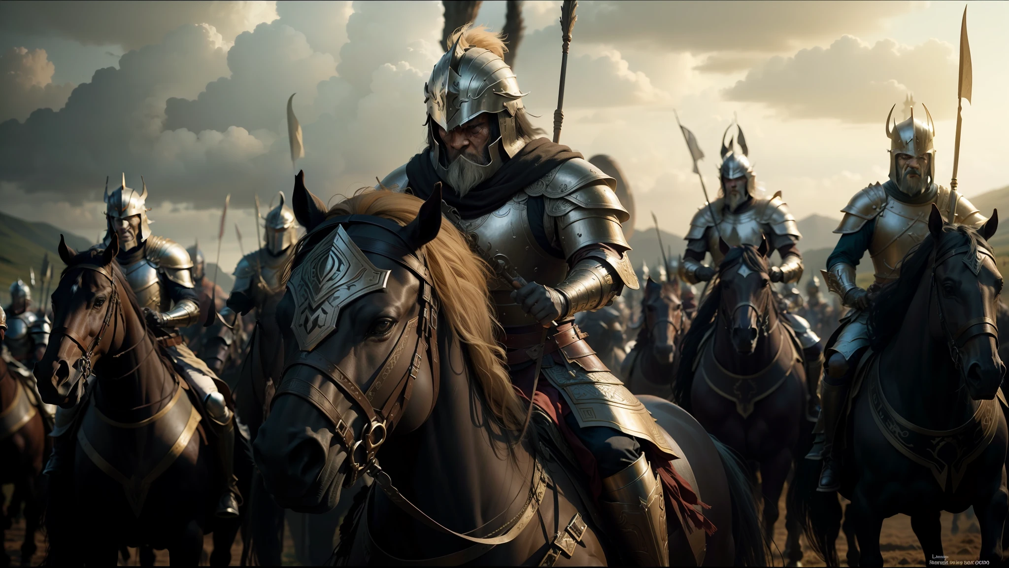 there are many men in armor riding horses in a field, in screenshot from the 300 movie, jingna zhang, the hobbit orc concept, large crown helmet, inspired by Sardar Sobha Singh, anamorphic flares, nvidia promotional image, lamellar armor, film screenshot