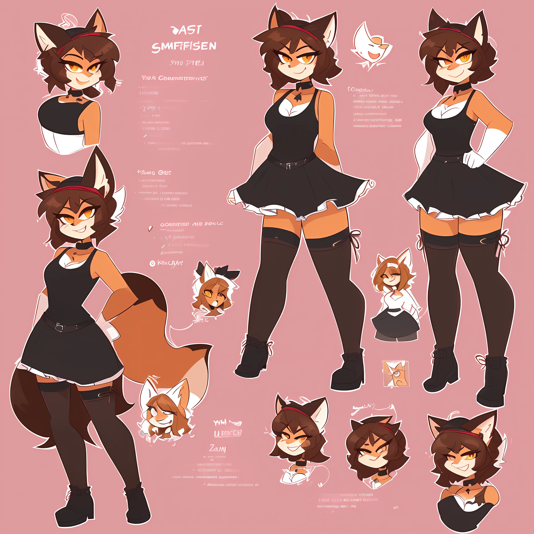 Uploaded the E621, Beautiful and detailed portrait of a female anthro fox (((female)), uploaded to E621, Kilinah, by Kilinah, Zenematic lighting, (((confident, seductive))), BL, fox, Thighighs, large chest, full body, beautiful, messy hair, short hair, suggestive pose, standing, brown hair, 1girl, solo, red headband, yellow eyes, lustful face, solo, 1girl, gothic costume, black tank top, white skirt, ripped stockings, boots, suggestion, lust, smug smile, character bragging, reference sheet