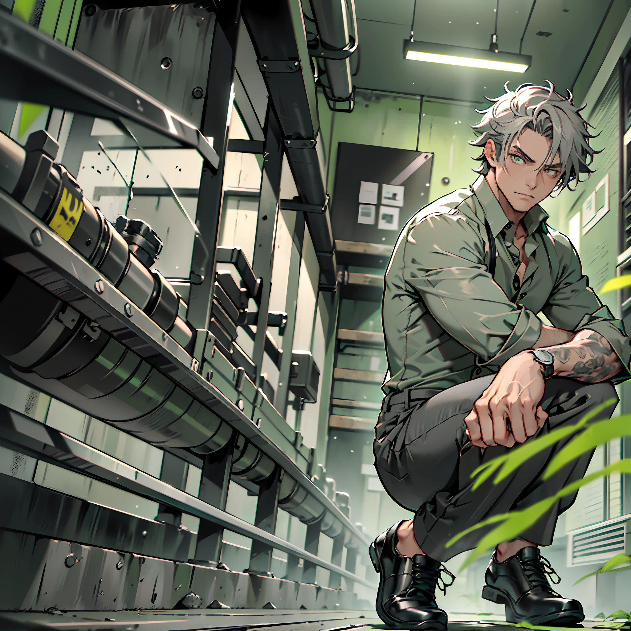Man of defined body, alone, pistols in his hands, gray hair, locks of hair in moss green tone, short hair, ((social blouse of black and gray color, black and long gray pants)), social shoes of black color, serious look, eyes of light green color, salon, black tie.