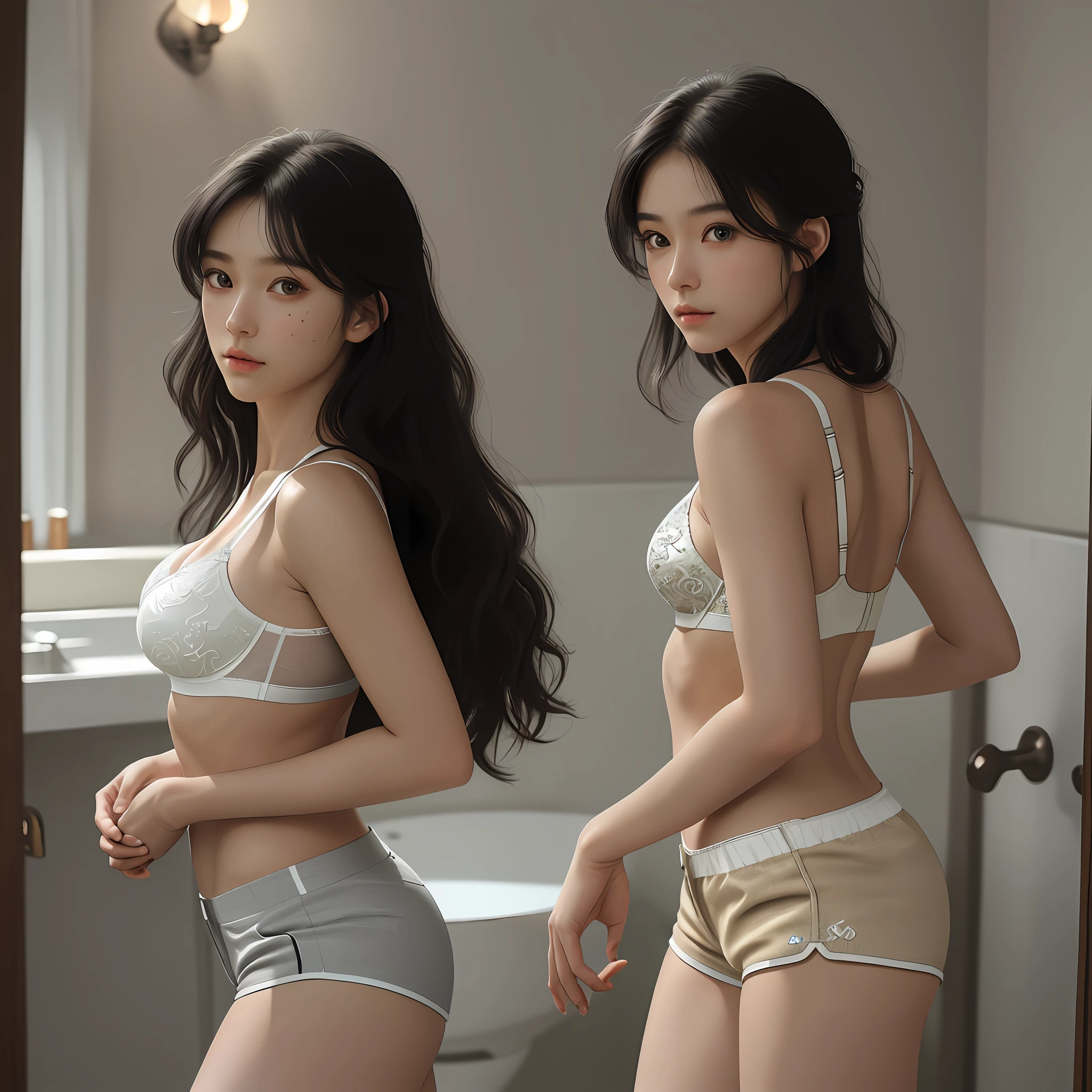 (Ultra Real), (High Definition), (8K), (Very Detailed), (Best Beauty), (Beautiful Detailed Eyes), (Best Quality), (Ultra Detailed), (Masterpiece), (Detailed Face), (Detailed Face),Black Hair, Solo, (Dynamic Pose), 1 Girl, Bathroom, White Wavy Hair, Japan person, Iris heterochromatic eyes, Small moles under the eyes, Shorts, Attractive breasts,Large breasts, feminine style, long legs, tighten abs, kubire, (camel toe), (bra in hands), (t-back shorts), underwear models