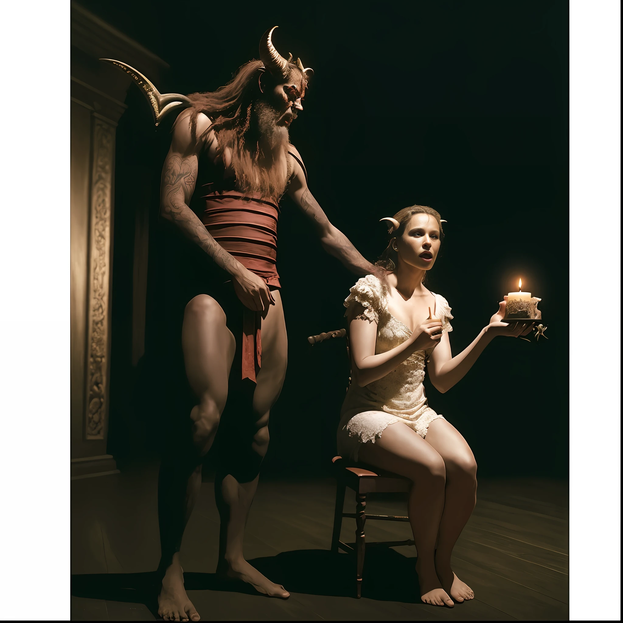 there is a woman sitting on a chair next to a man with a candle, in style the demon seated, dave mckean and stina persson, by Robert Brackman, frank dillane as a satyr, conjuring a demon, thomas eakins and beksinski, demoness, mark brooks and brad kunkle, demons, daniel, advertising photo