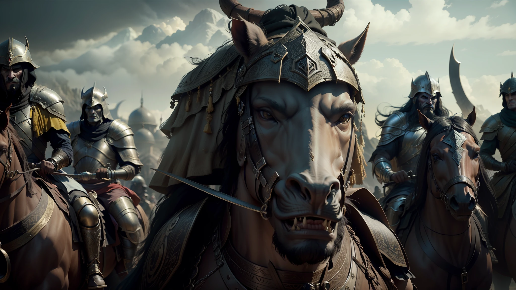 there are many people riding horses with helmets on, vfx film closeup, beautiful render of a fairytale, arabic orc, inspired by Kazimierz Wojniakowski, shot on anamorphic lenses, riot entertainment, morgoth, zhang yimou, heavy metal band promo, 3 dmax, nomadic