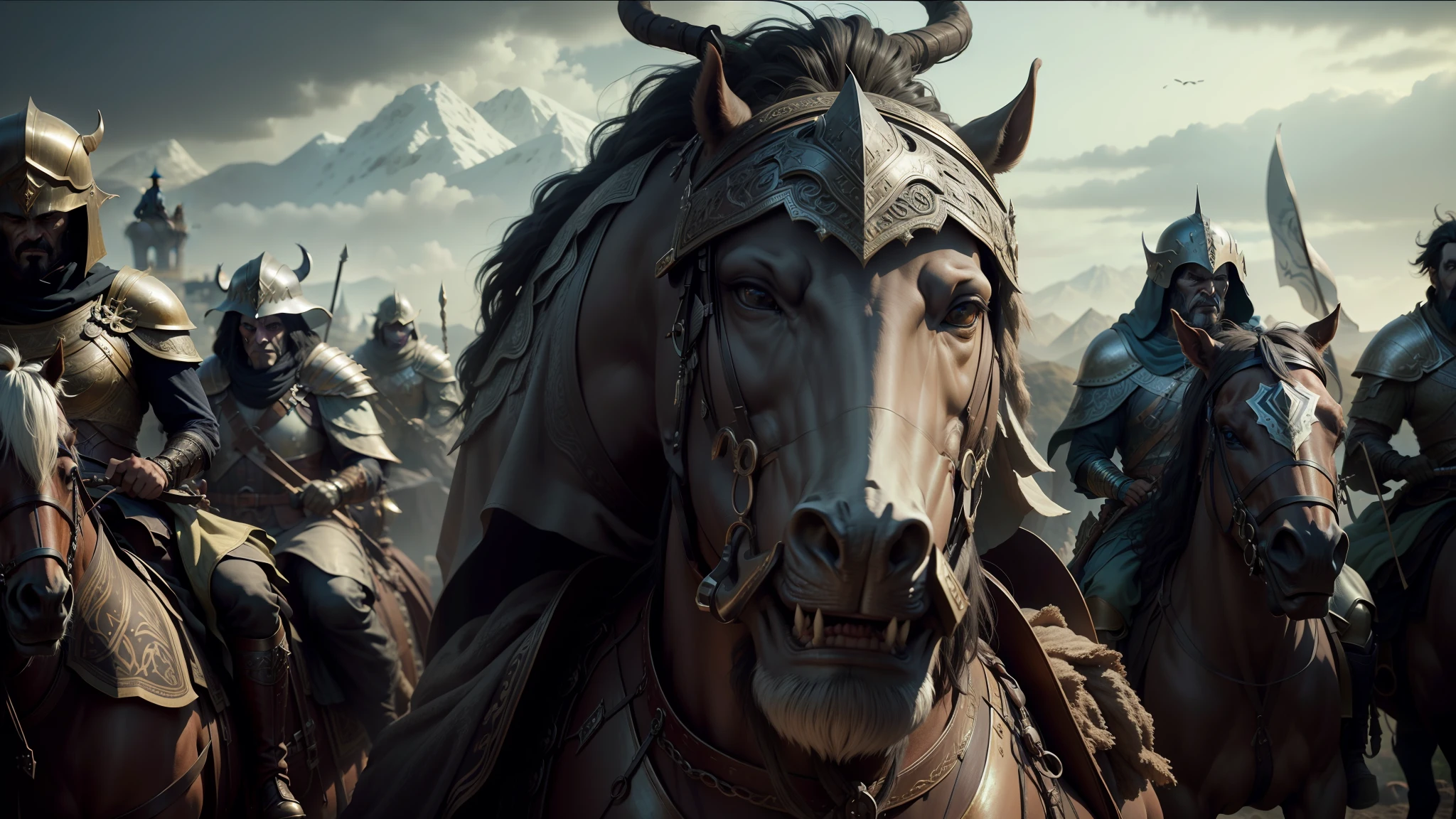 there are many people riding horses with helmets on, vfx film closeup, beautiful render of a fairytale, arabic orc, inspired by Kazimierz Wojniakowski, shot on anamorphic lenses, riot entertainment, morgoth, zhang yimou, heavy metal band promo, 3 dmax, nomadic