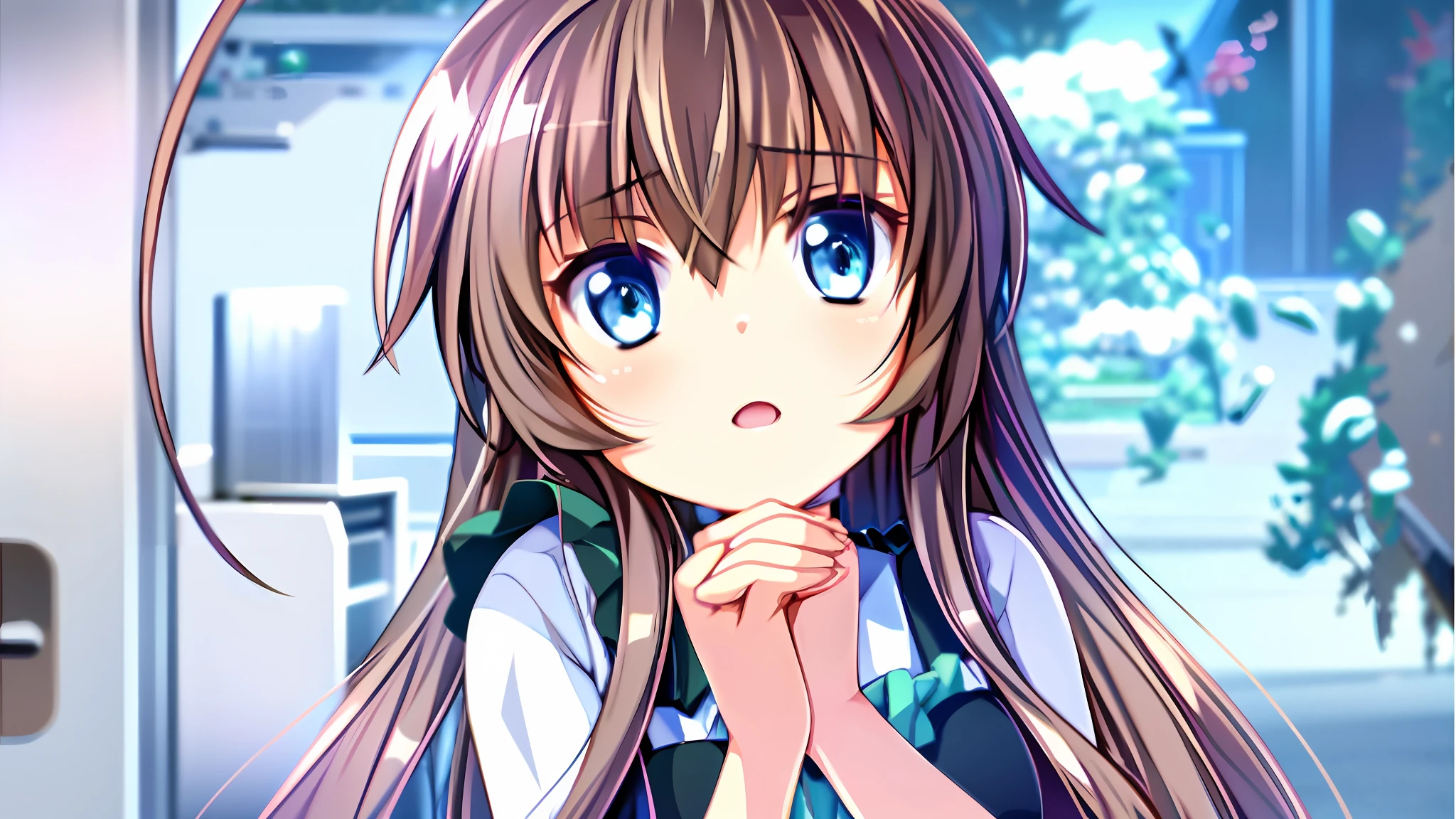 anime girl with long hair and green eyes looking out a window, anime girl named lucy, nyaruko-san, extremely cute anime girl face, cute natural anime face, anime visual of a cute girl, pretty anime girl, anime best girl, cute anime girl, shikamimi, loli in dress, female anime character, beautiful anime high school girl