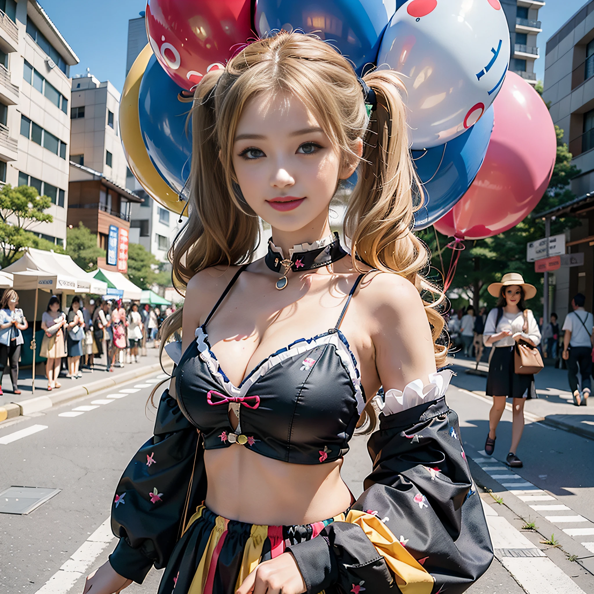 ((top quality, 8k, masterpiece: 1.3)), one woman, full body, blue-eyed beautiful girl with many balloons, (smile, blonde, twin tails) (big: 1.3, cleavage), cut abs, revealing, colorful clown outfit, ultra-detailed face, (detailed eyes, double eyelids, eye catch, catch light, long eyelashes), Sony α7, 85 mm, f / 1.4, ISO 100, Balloons are multicolored, balloon designs are varied, Ueno Park,
