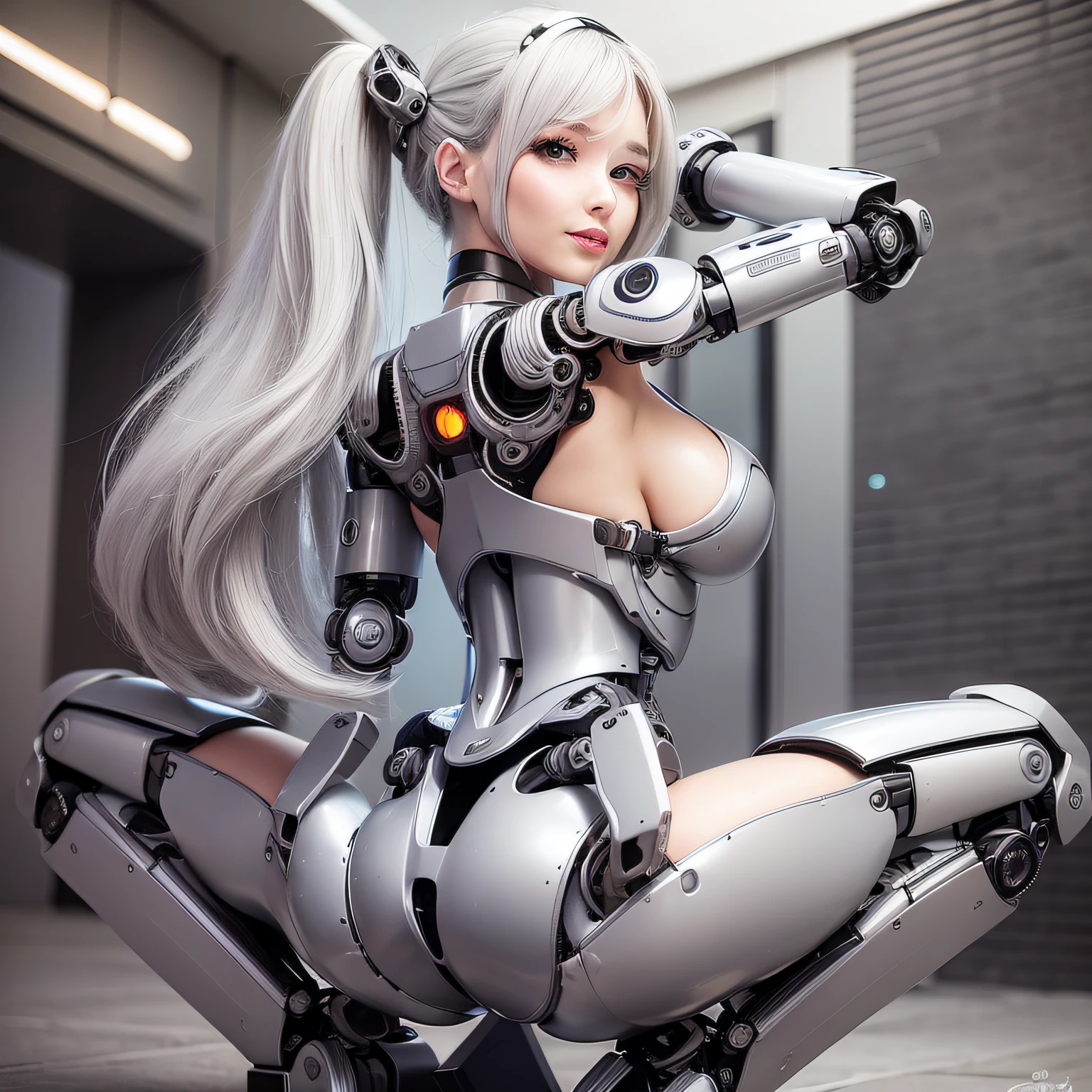 Beautiful Face,, From Back, 1 Woman, Curvaceous, Top Quality, Masterpiece, Ultra Detailed, ((((Bikini Cyborg Robot Parts)))), (Light Grey Hair), Long Hair, Wavy Hair, Twin Tails, Medium Shot, (((Seductive Smile)), (Black Eyes), Princess Cut, (Cowboy Shot),Squatting,Spread Your Legs,