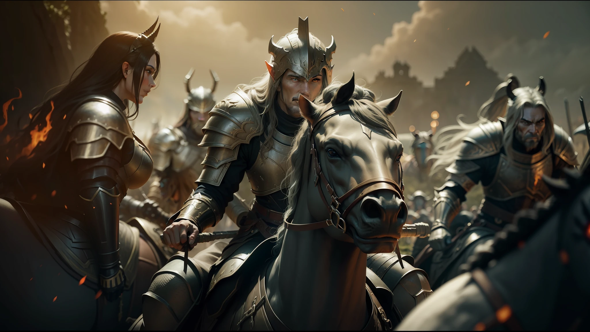 a close up of a group of people riding horses in a field, elden ring cinematic lighting, black shirt underneath armor, horde3d, he has eyes of fire, keyframe, videogame still, elves, metallic armor