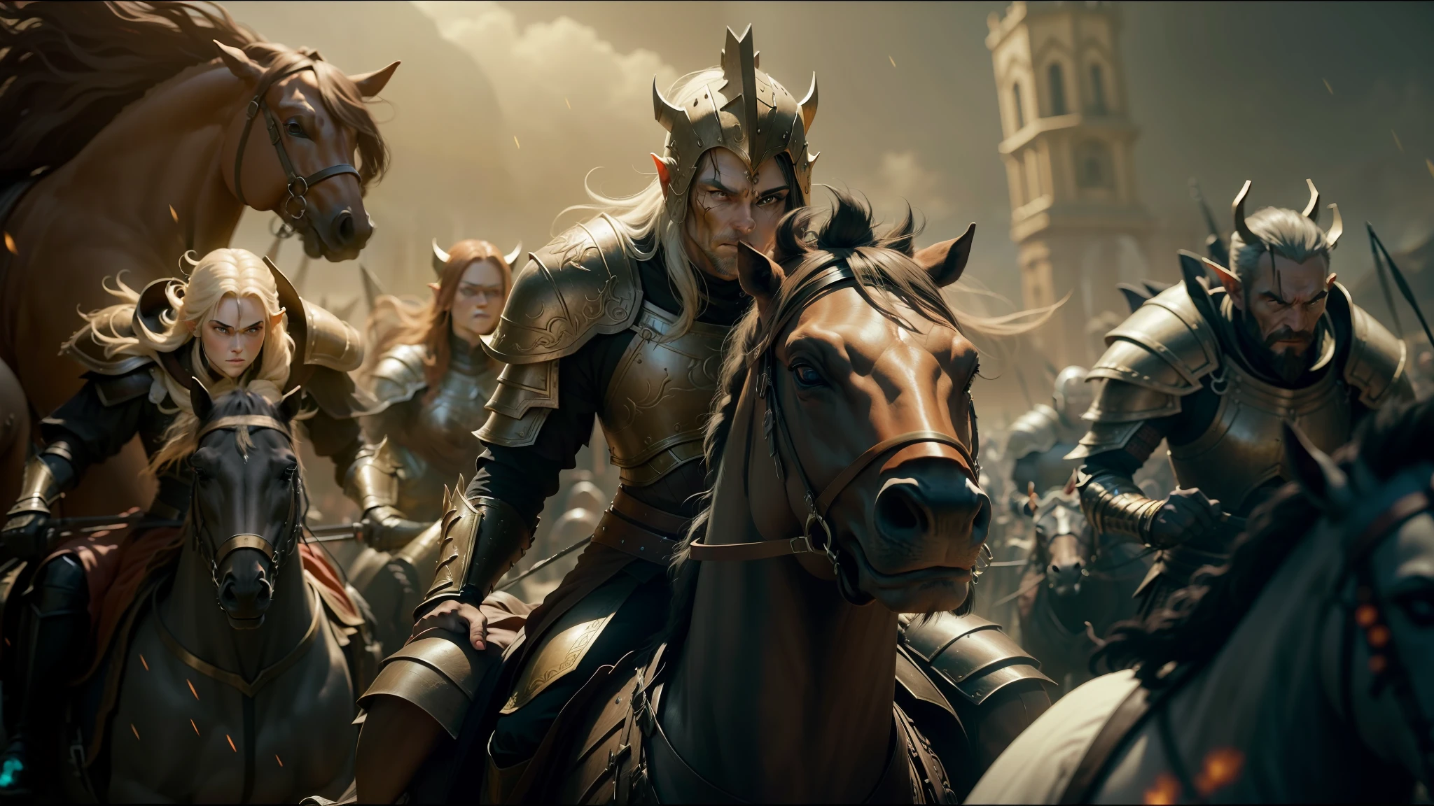 a close up of a group of people riding horses in a field, elden ring cinematic lighting, black shirt underneath armor, horde3d, he has eyes of fire, keyframe, videogame still, elves, metallic armor