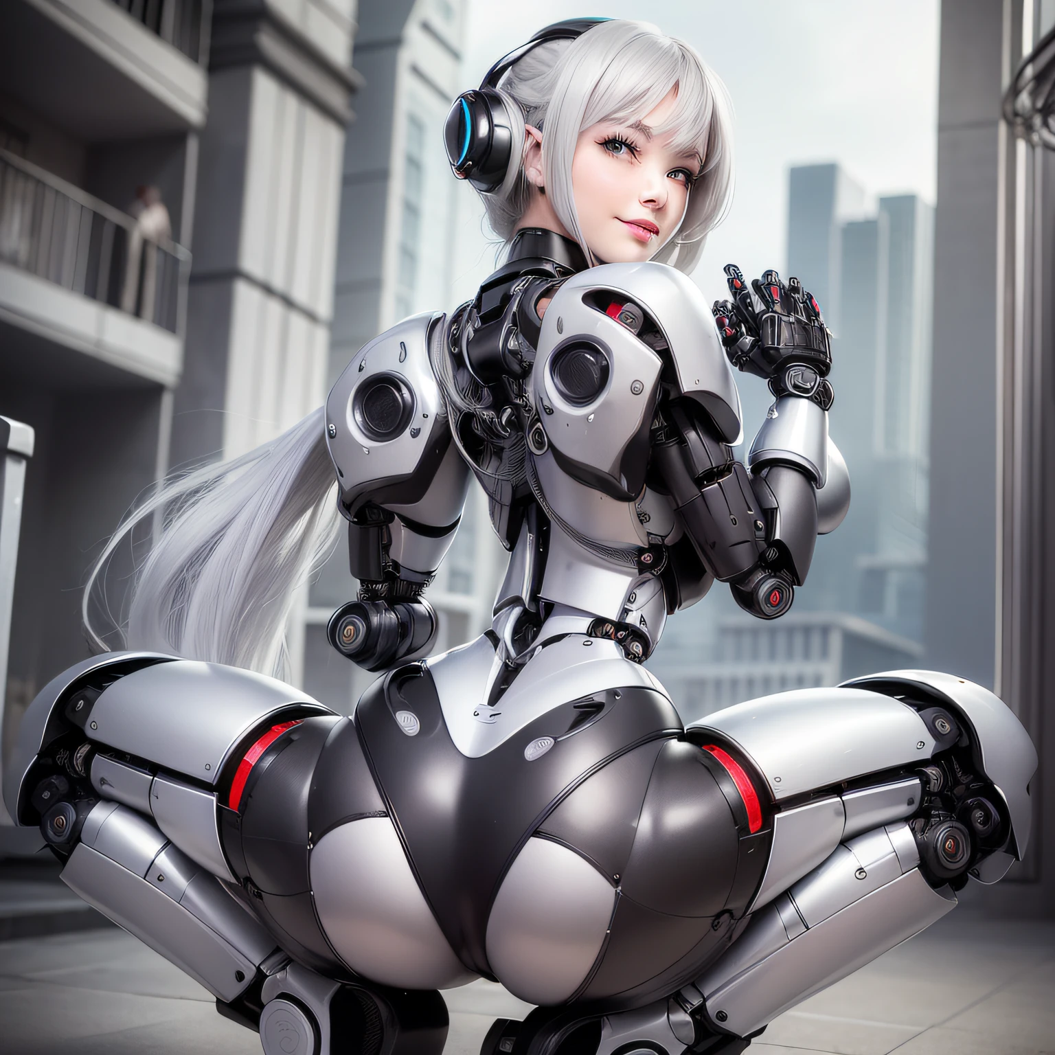 Beautiful Face,, From Back, 1 Woman, Curvaceous, Top Quality, Masterpiece, Ultra Detailed, ((((Bikini Cyborg Robot Parts)))), (Light Grey Hair), Long Hair, Wavy Hair, Twin Tails, Medium Shot, (((Seductive Smile)), (Black Eyes), Princess Cut, (Cowboy Shot),Squatting,Spread Your Legs,