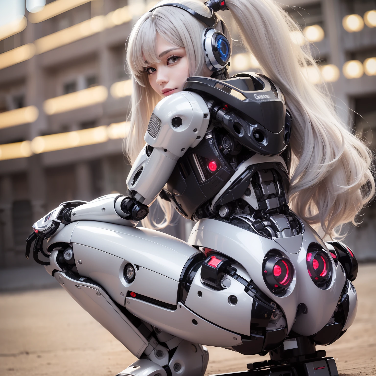 Beautiful Face,, From Back, 1 Woman, Curvaceous, Top Quality, Masterpiece, Ultra Detailed, ((((Bikini Cyborg Robot Parts)))), (Light Grey Hair), Long Hair, Wavy Hair, Twin Tails, Medium Shot, (((Seductive Smile)), (Black Eyes), Princess Cut, (Cowboy Shot),Squatting,Spread Your Legs,