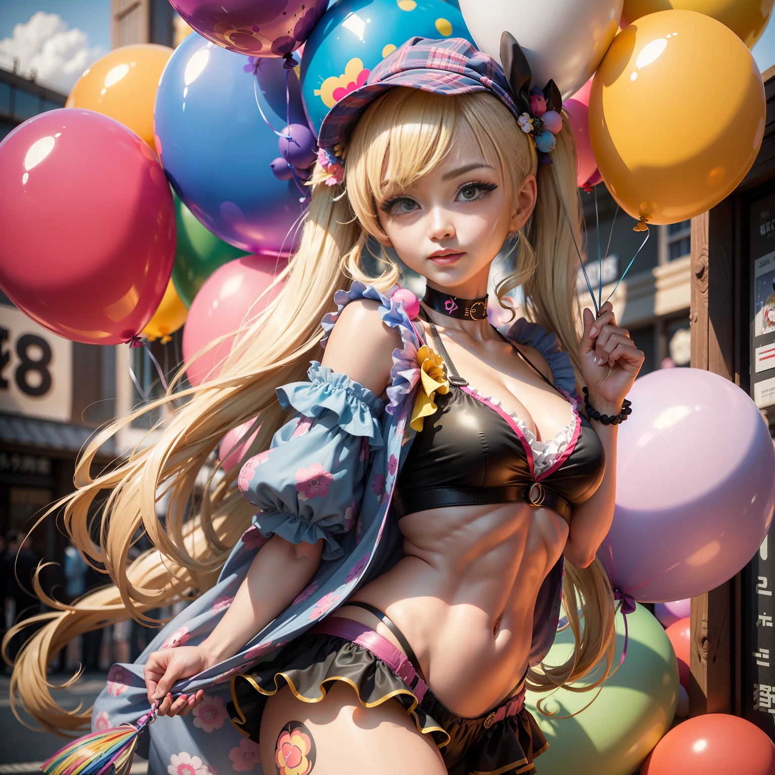 ((top quality, 8k, masterpiece: 1.3)), 1 woman, full body, smiling beautiful girl with many balloons, (blonde, twin tails) (big: 1.3, cleavage), cut abs, revealing, colorful clown outfit, ultra detailed face, (detailed eyes, double eyelids, color contacts, eye catch, catch light, long eyelashes), Sony α7, 85 mm, f / 1.4, ISO 100, focus on eyelashes, balloons are multicolored, balloon designs various, Ueno Park,