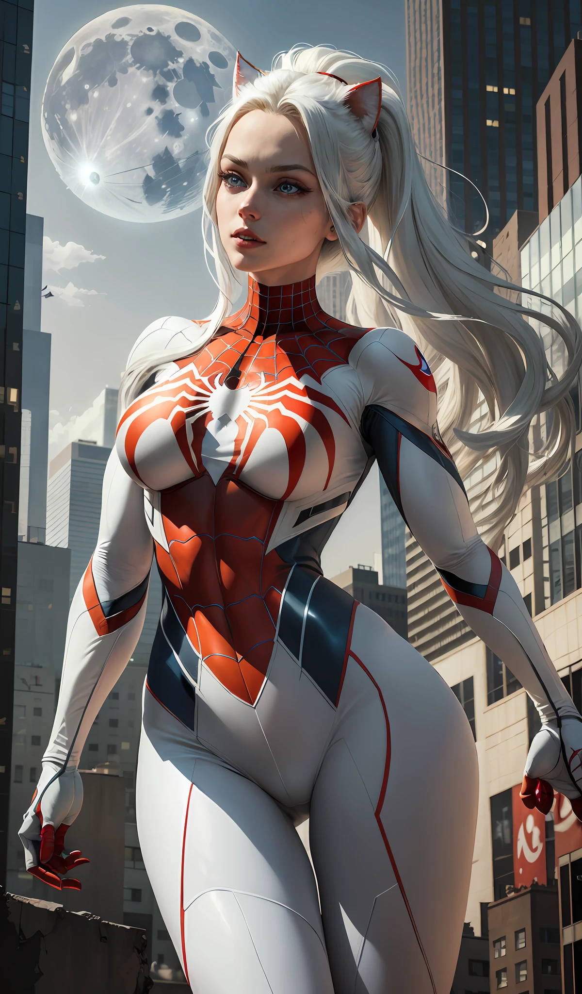 (Masterpiece, 4k resolution, ultra-realistic, very detailed), (White superhero theme, charismatic, there's a girl on top of town, wearing Spider-Man costume, she's a superhero), [ ((25 years), (long white hair:1.2), full body, (blue eyes:1.2), ((Spider-Man pose),show of strength, jumping from one building to another), ((sandy urban environment):0.8)| (cityscape, at night, dynamic lights), (full moon))] # Explanation: The Prompt mainly describes a 4K painting of ultra-high definition, very realistic, very detailed. It shows a superheroine at the top of the city, wearing a Spider-Man costume. The theme in the painting is a white superhero theme, the female protagonist has long white hair, is 25 years old and her entire body is shown in the painting. In terms of portraying the actions of superheroines, spiders are employed, (cat ears)