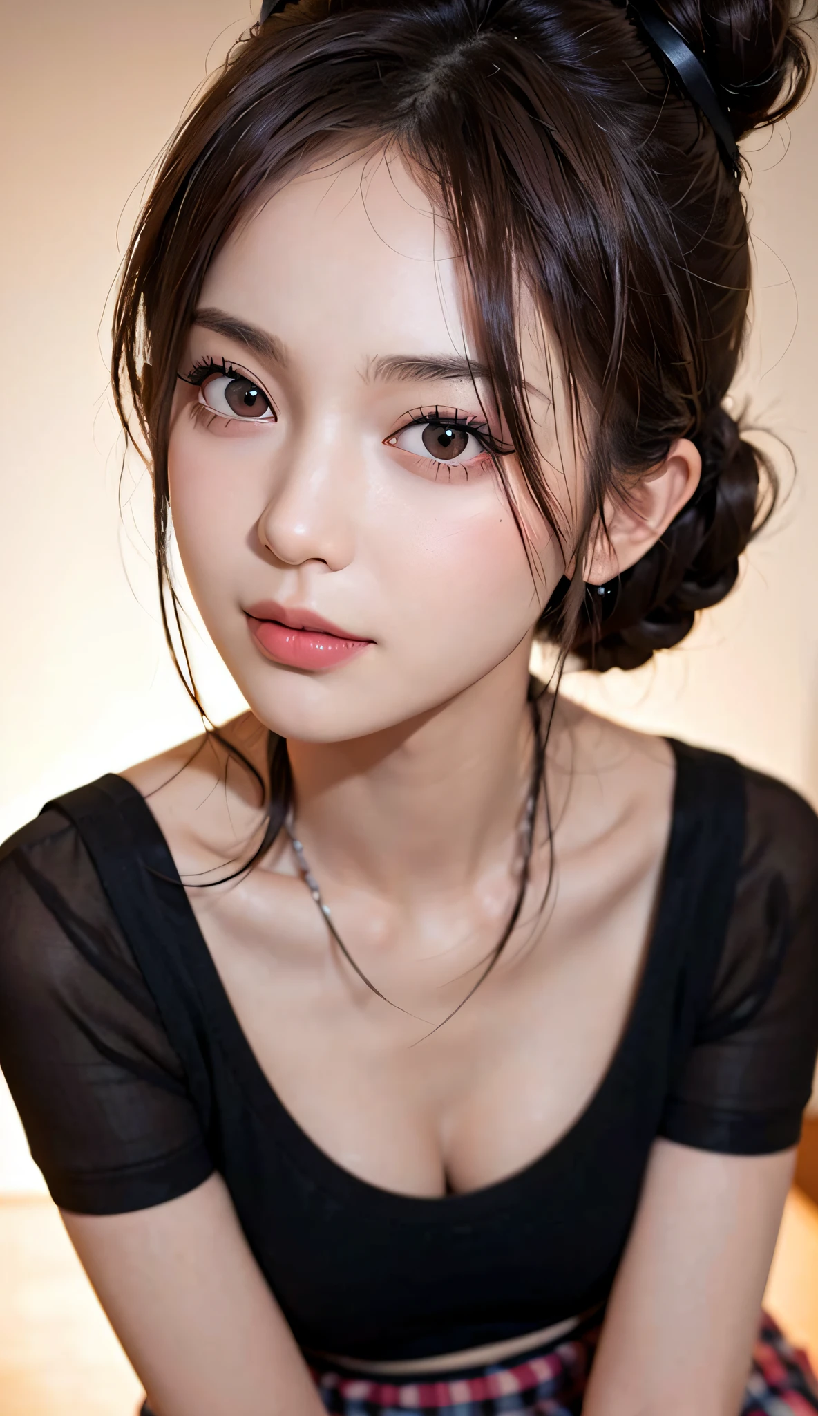 (RAW photo, best quality), (realistic, photo-realistic:1.3), best quality ,masterpiece, an extremely delicate and beautiful, extremely detailed ,CG ,unity ,2k wallpaper, Amazing, finely detail, masterpiece, light smile, best quality, extremely detailed CG unity 8k wallpaper, huge filesize , ultra-detailed, highres, extremely detailed, 1girl, slim body, small breasts, (black leotard top:0.7), (pink skirt:1.2), (bun hair), (brown hair), looking at looking at viewer, sharp focus, face close-up, nsfw,,,, pureerosface_v1:0.8 short hair,