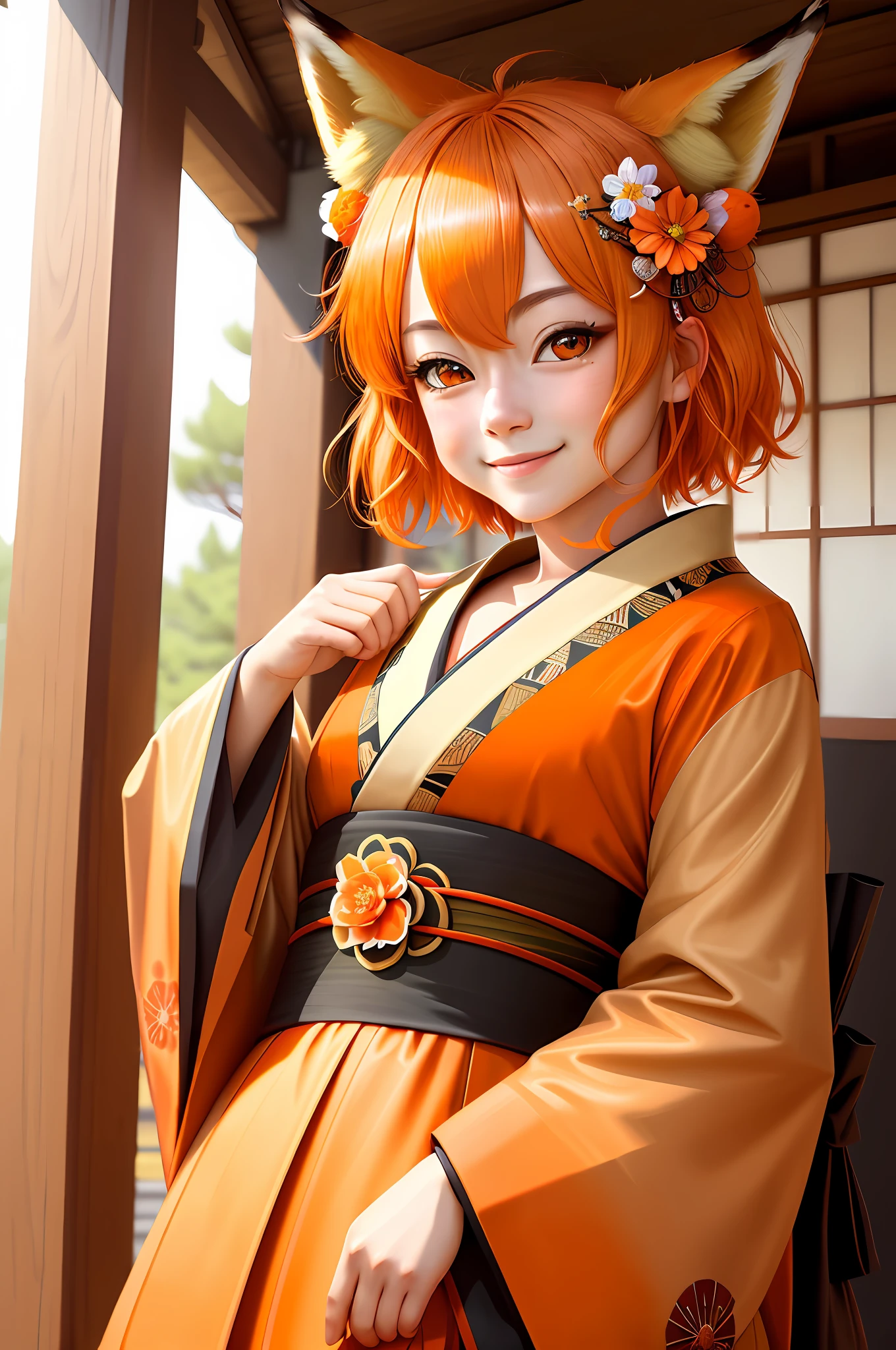 high detail, (photorealistic), realistic, masterpiece, best quality, ((portrait of Senko-san's face The helpful fox )), Senko-sancroptop, detailed face, detailed eyes, (hair flower), (hair ornament), (orange eyes), (orange hair), (short hair), big tail, fluffy tail, flat chest, kimono, Japanese clothes, Japanese shrine, sfw, miko, happy, [smile, [pointed collar], pentagram] small.