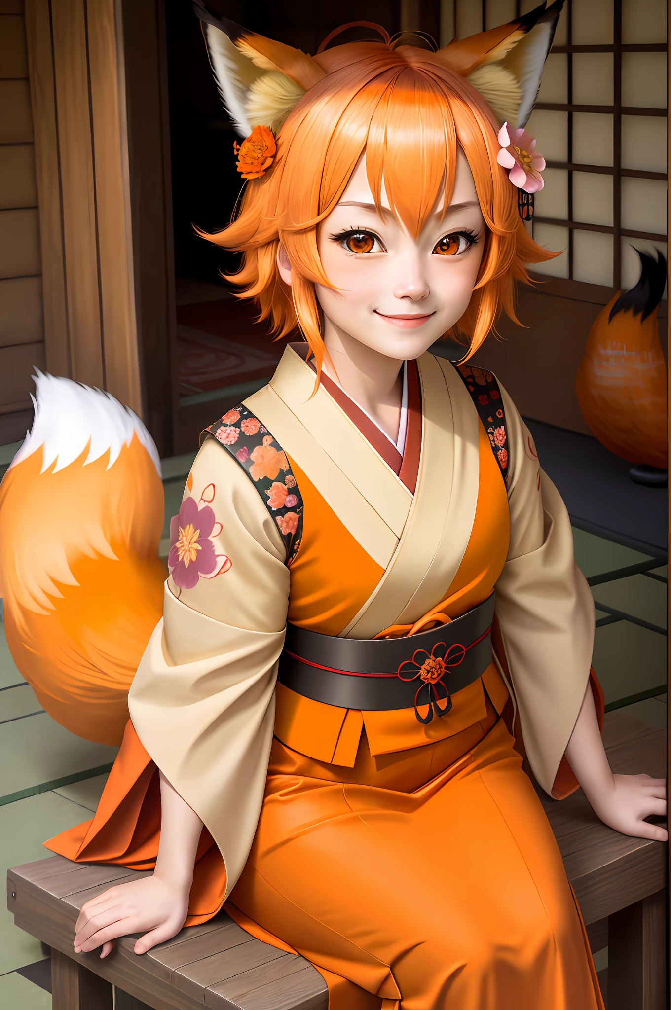 high detail, (photorealistic), realistic, masterpiece, best quality, ((portrait of Senko-san's face The helpful fox )), Senko-sancroptop, detailed face, detailed eyes, (hair flower), (hair ornament), (orange eyes), (orange hair), (short hair), big tail, fluffy tail, flat chest, kimono, Japanese clothes, Japanese shrine, sfw, miko, happy, [smile, [pointed collar], pentagram] small.