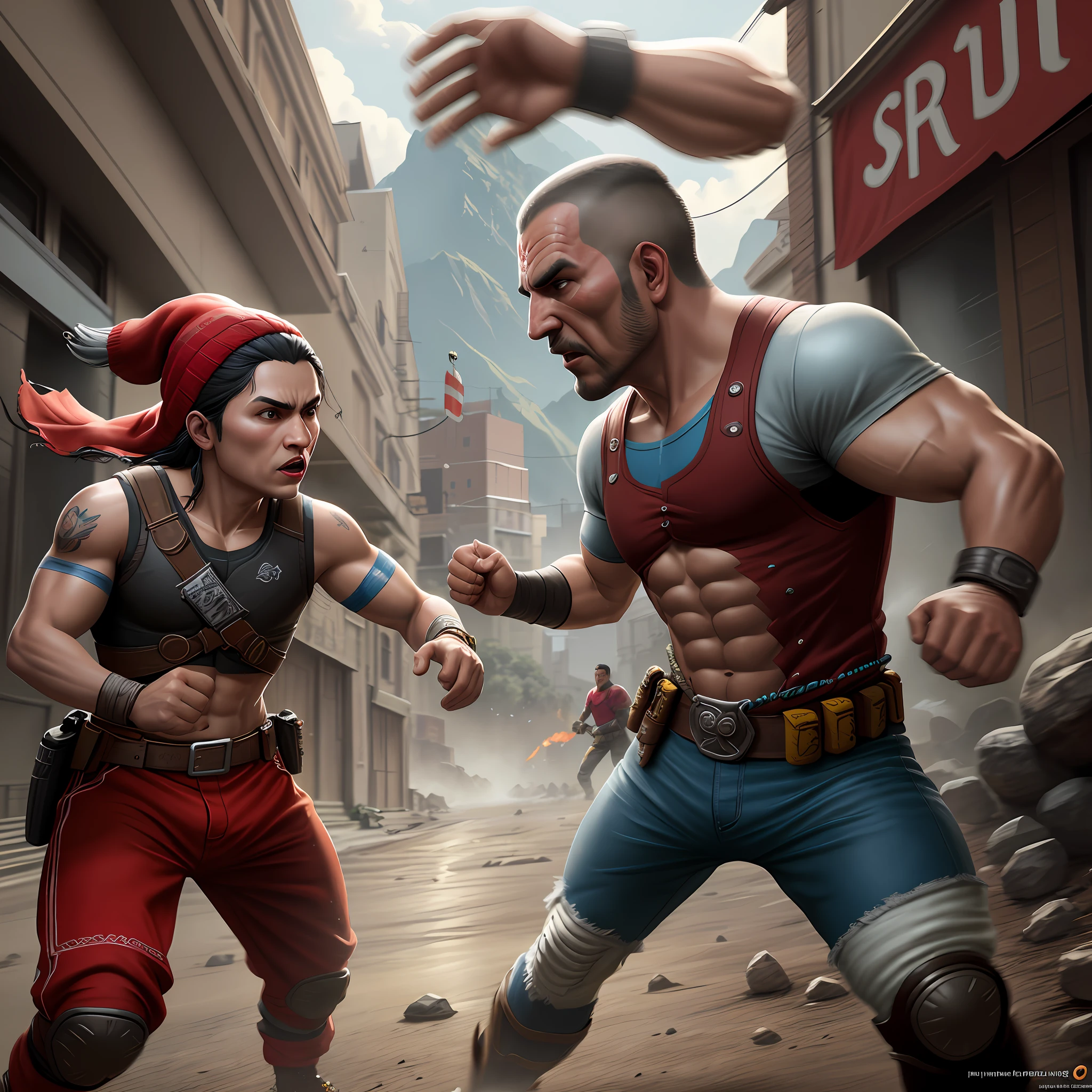 El Chapulín Colorado fighting with a bandit, art station, detailed, digital painting, cinematic, character design by Roberto Gómez Bolaños unreal 5, daz, hyper-realistic, octane rendering