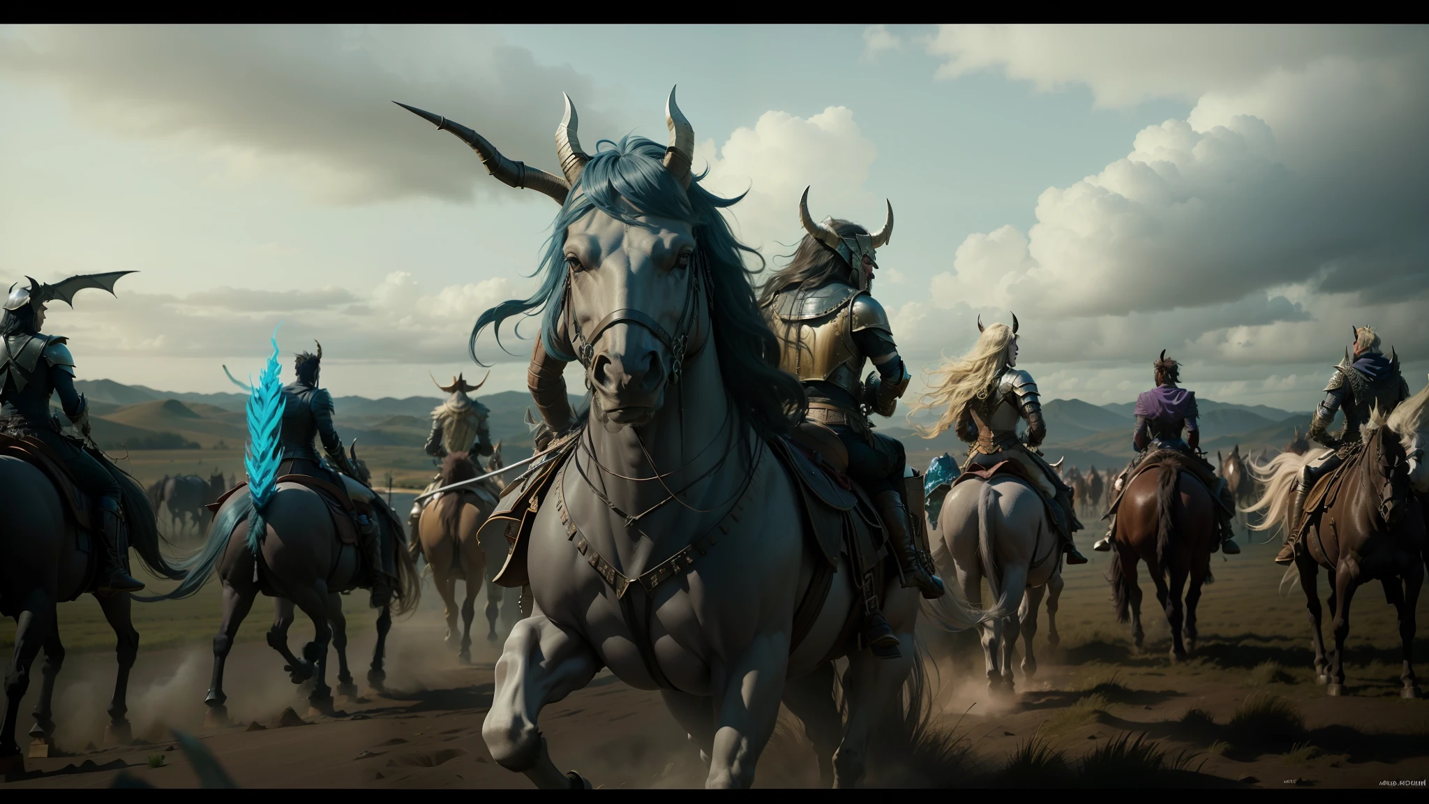 arafed group of men riding horses in a field with a sky background, karl urban as a dragonslayer, animatronics, george miller, unreal engine : : rave makeup, pictured from the shoulders up, curved horns!, award-winning cinematography, female lord of change, inspired by Dorothy Lockwood, epic 3 d oshun, weta