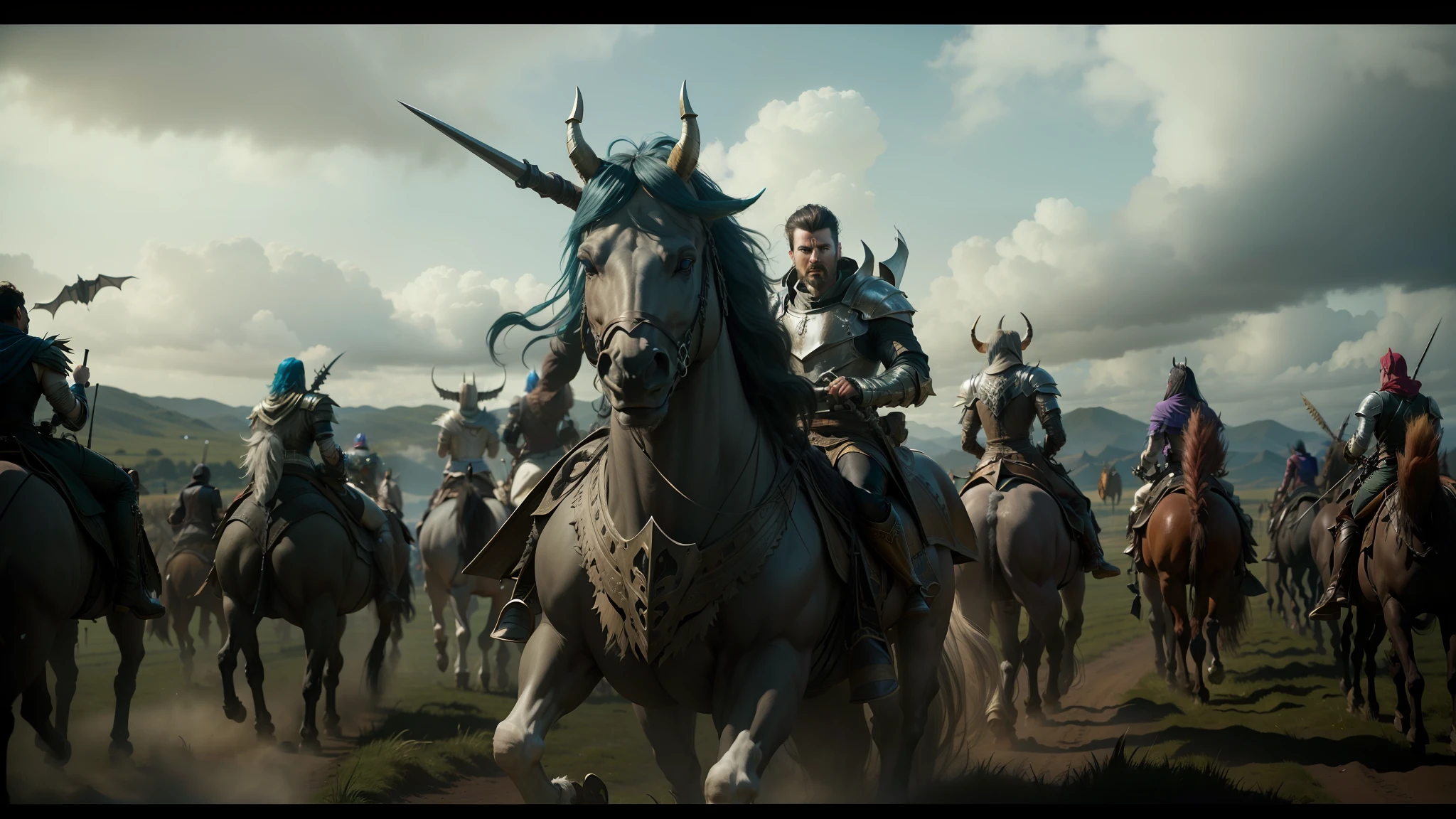 arafed group of men riding horses in a field with a sky background, karl urban as a dragonslayer, animatronics, george miller, unreal engine : : rave makeup, pictured from the shoulders up, curved horns!, award-winning cinematography, female lord of change, inspired by Dorothy Lockwood, epic 3 d oshun, weta