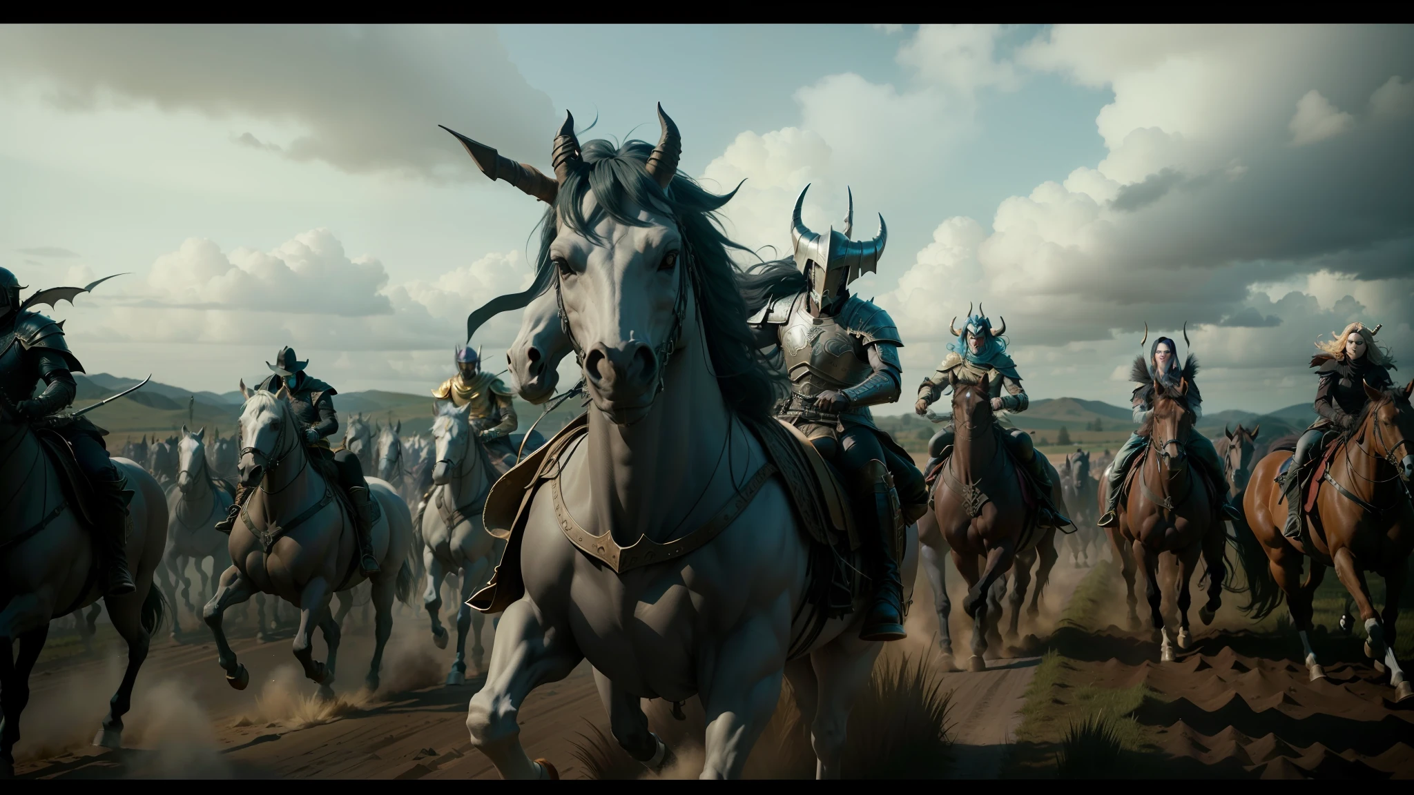 arafed group of men riding horses in a field with a sky background, karl urban as a dragonslayer, animatronics, george miller, unreal engine : : rave makeup, pictured from the shoulders up, curved horns!, award-winning cinematography, female lord of change, inspired by Dorothy Lockwood, epic 3 d oshun, weta
