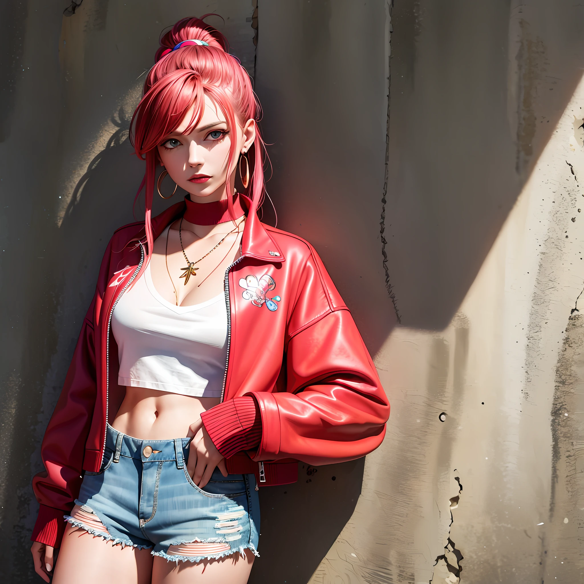 (masterpiece, best quality, 1 girl, solo, intricate details, chromatic aberration), realistic, ((medium breath)),long hair, red hair, red decoration on the head, pink highlights, amber eyes, earrings, sharp eyes, necklace, neon shirt, ripped shorts, unbuttoned jacket, turtleneck, night, against the wall, brick wall, graffiti, dim lighting, alley, look at the viewer