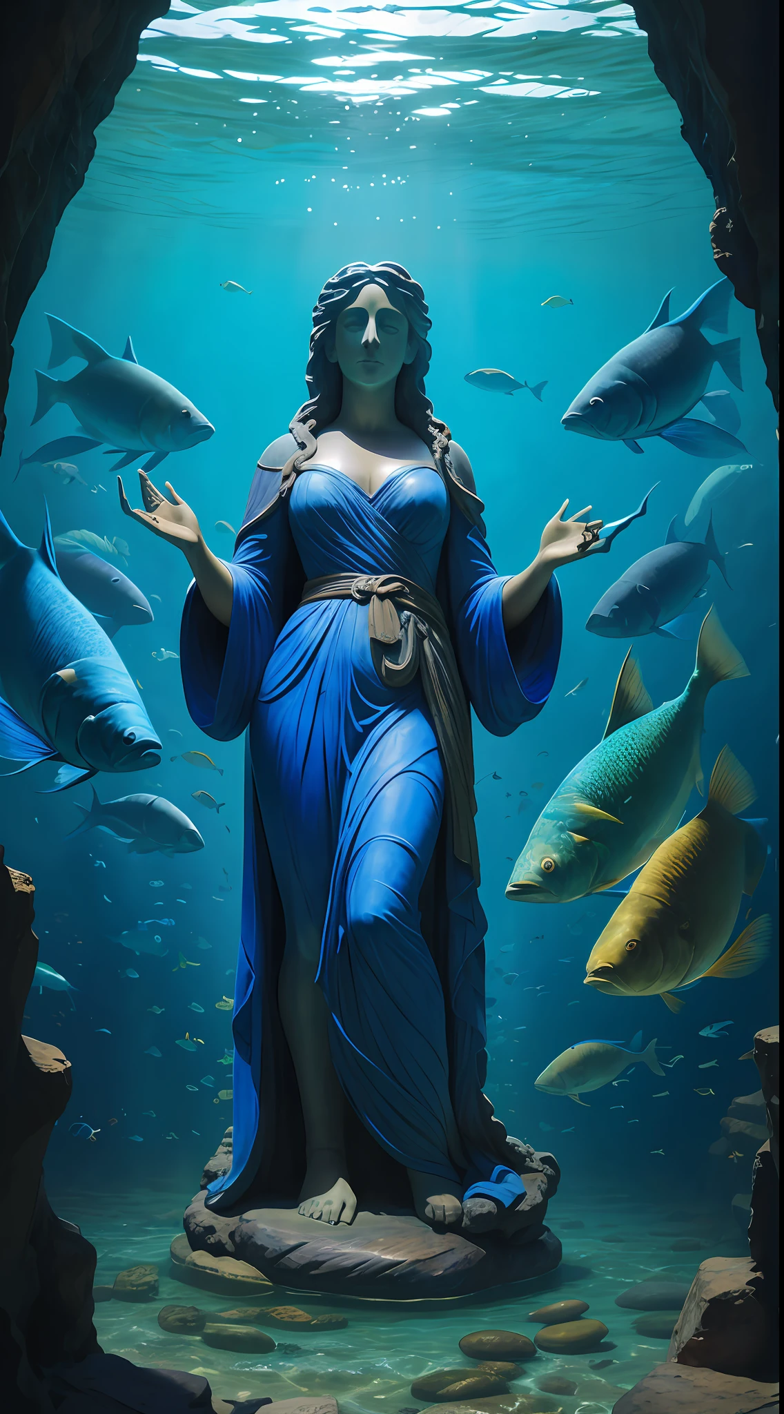 Statue of a woman with a blue robe and several large fish around at the bottom of a river with stones