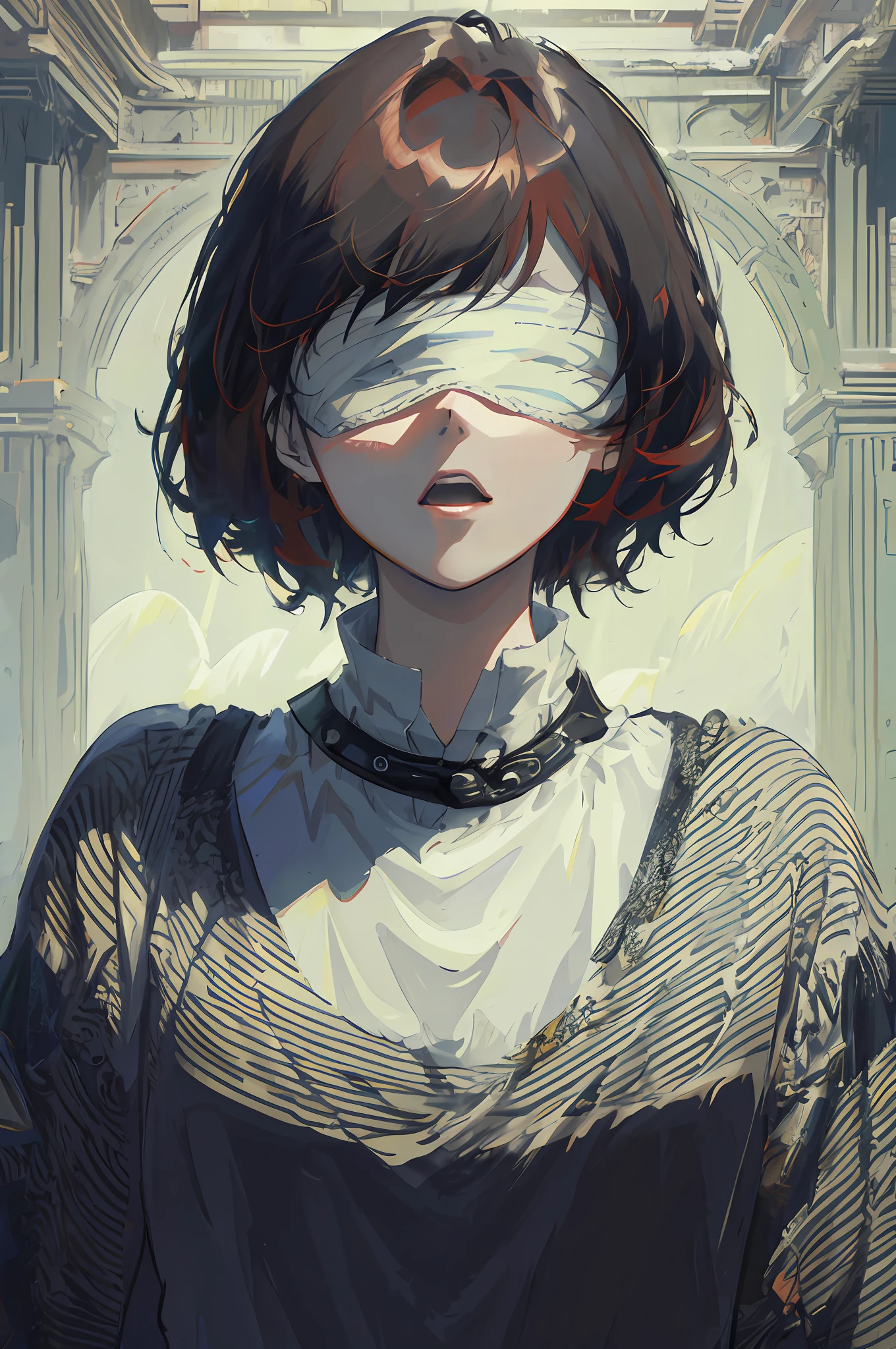 Anime - Portrait style of a woman with blindfolded eyes, red hair, art in the style of Guweiz, Guweiz in Artstation Pixiv, Guweiz in Pixiv Artstation, Guweiz, Guweiz masterpiece, Anime Art Wallpaper 8 k, Detailed digital art Anime Art, Anime Art wallpaper 4K, Anime Art wallpaper 4K
