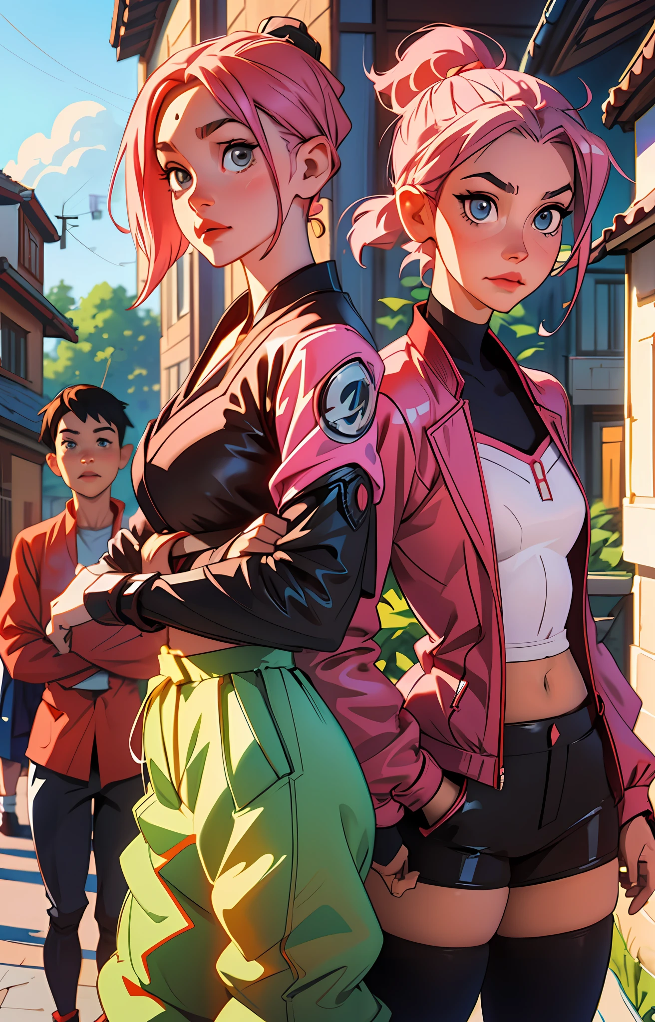 Sakura haruno, ANIME NARUTO, NINJA, ((forehead the show)), attractive, wearing a ((red blouse)), pink hair, delicate, young, short hair, detailed face, in a village, full body, looking at the viewer, bandana on the head, trend in art by rhads, andreas rocha, rossdraws, makoto shinkai, laurie greasley, lois van baarle, ilya kuvshinov and greg rutkowski
