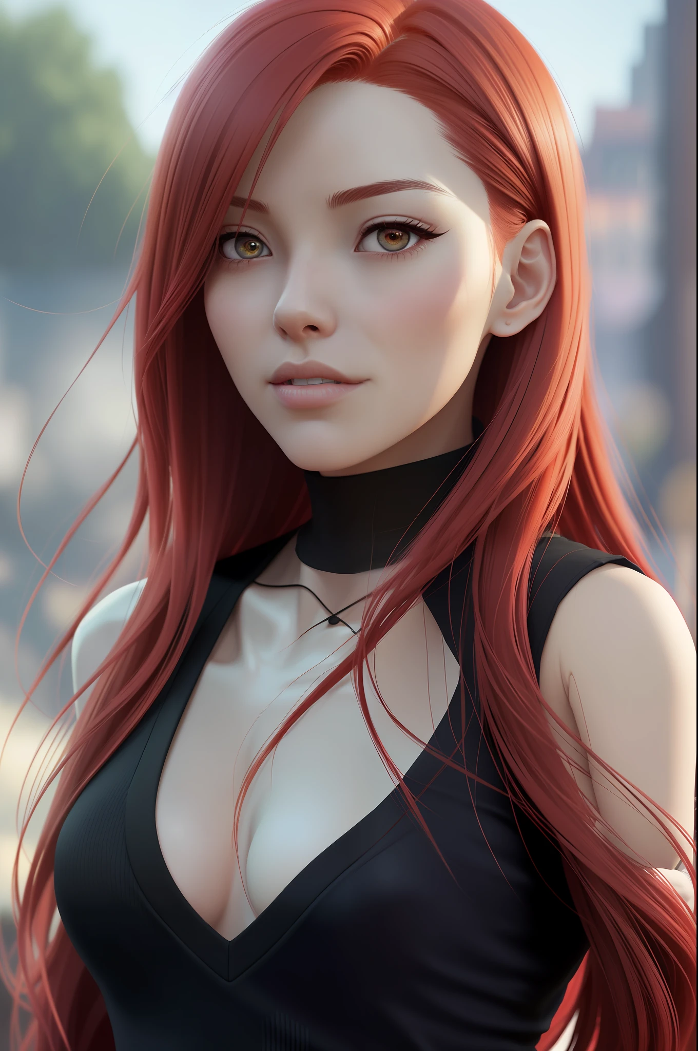 a woman with red hair in front and a black top, realistic art style, 4K realistic digital art, 4K realistic digital art, RossDraws portrait, Guweiz style art, artgerm portrait, 8k artgerm bokeh, realistic anime art style, photorealistic art style, made with anime painter's studio, extremely detailed artgerm,(from the front)