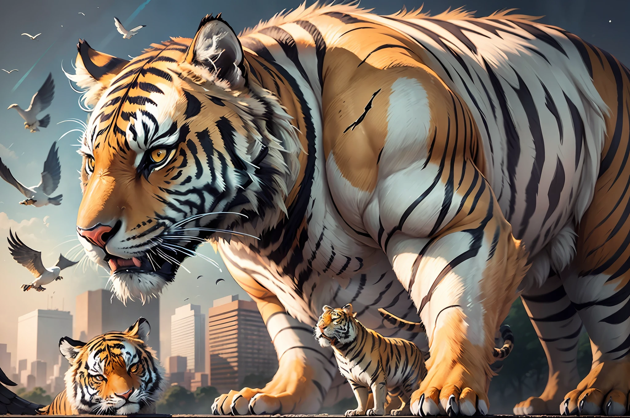 a tiger and birds in a space, in the style of photographically detailed portraitures, naturalistic color palette, hyper-realistic animal illustrations, pigeoncore, infused symbolism, art of the congo, metropolis meets nature