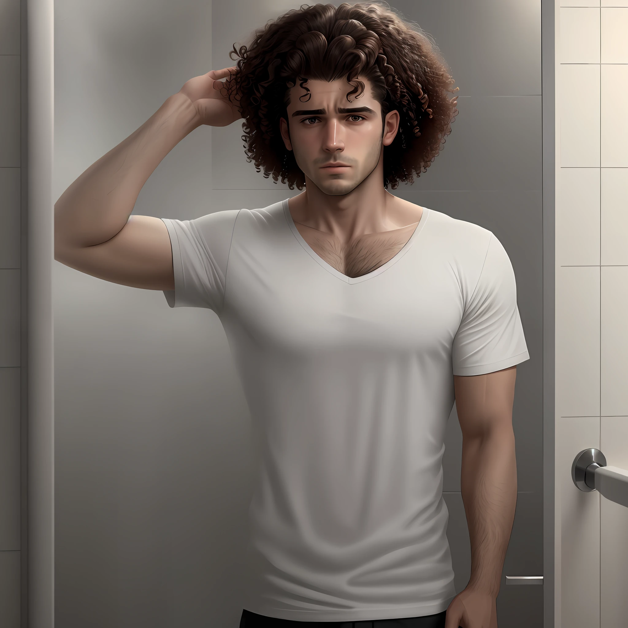 Man with realistic curly hair, he is in the bathroom with shirt and the shower water is falling on his hair Curly male realistic,is with a look of despair and low self esteem, 8k, 4k, cinematic, realistic