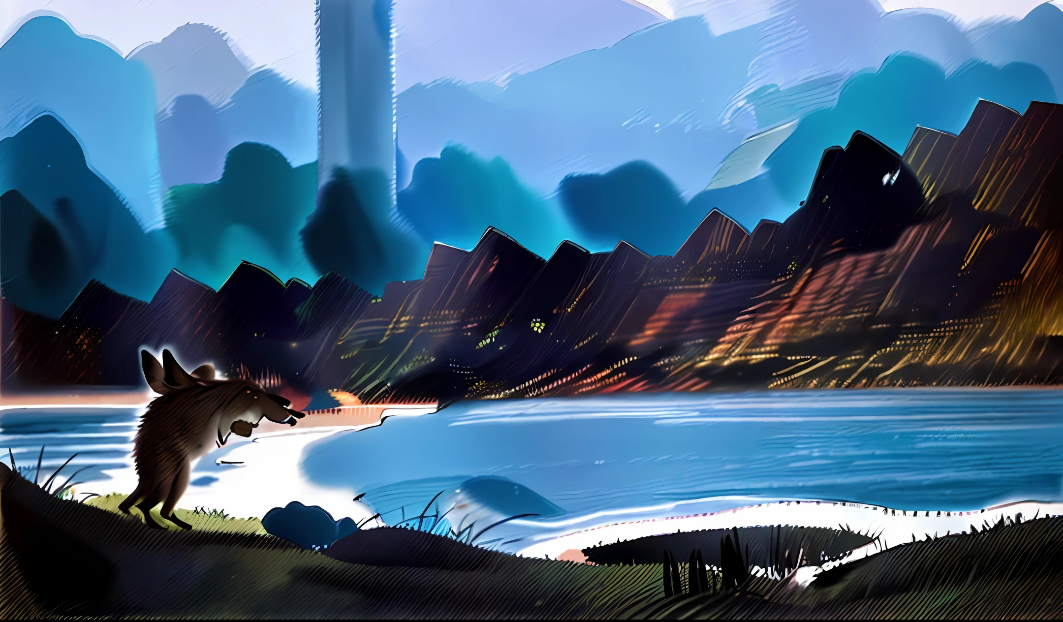 Rabbit (being) who is not noticing the wolf (problems of being) behind him and wants to eat it painted