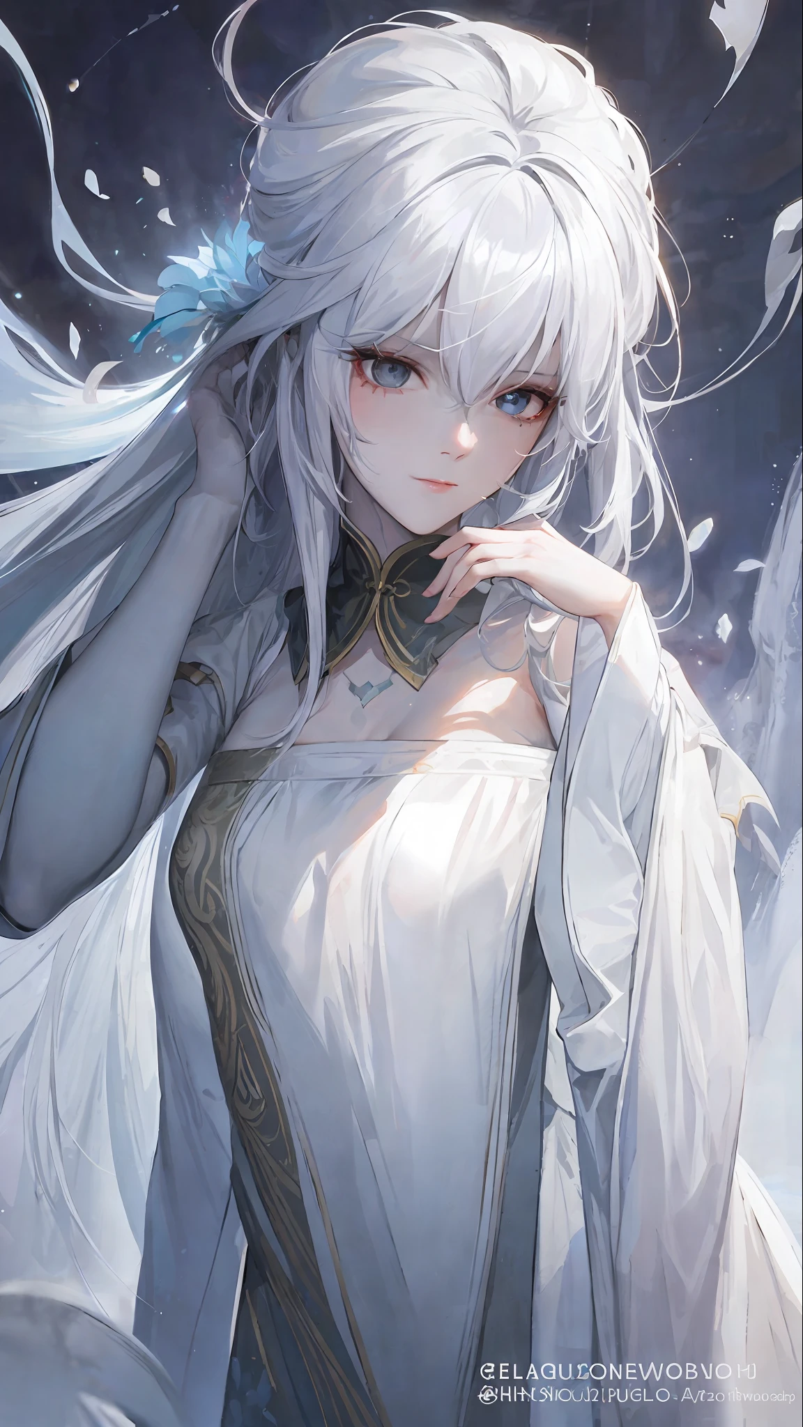 a close up of a woman with white hair and a white mask, beautiful character painting, guweiz, artwork in the style of guweiz, white haired deity, by Yang J, epic exquisite character art, stunning character art, by Fan Qi, by Wuzhun Shifan, guweiz on pixiv artstation