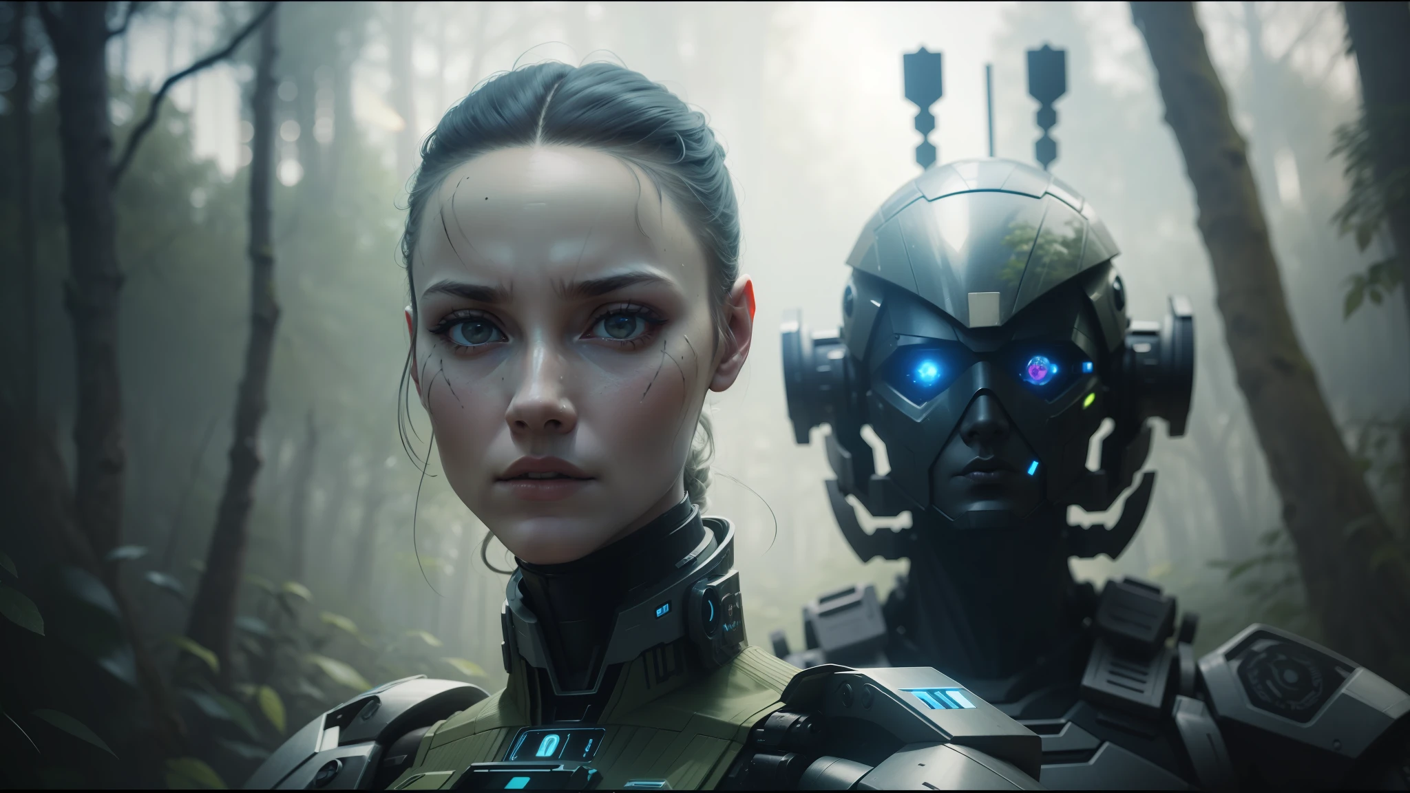 arafed woman in a futuristic suit and a robot in a forest, highly detailed vfx portrait, volodymyr zelensky at war, cyborg girl, inspired by Nikolai Yaroshenko, interconnected human lifeforms, still frame from a movie, by Sándor Brodszky, portrait of terminator, trending on artstattion