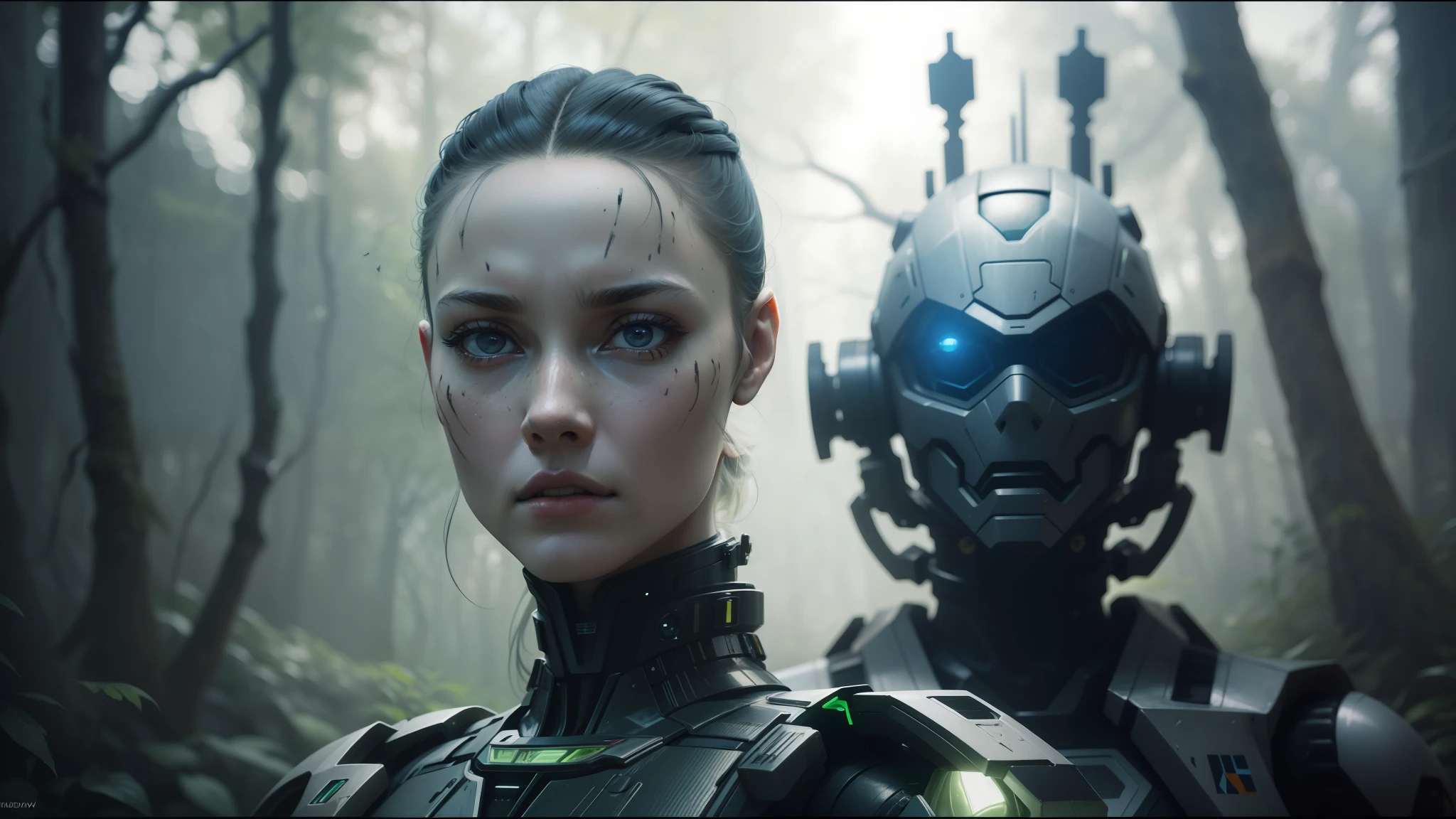 arafed woman in a futuristic suit and a robot in a forest, highly detailed vfx portrait, volodymyr zelensky at war, cyborg girl, inspired by Nikolai Yaroshenko, interconnected human lifeforms, still frame from a movie, by Sándor Brodszky, portrait of terminator, trending on artstattion