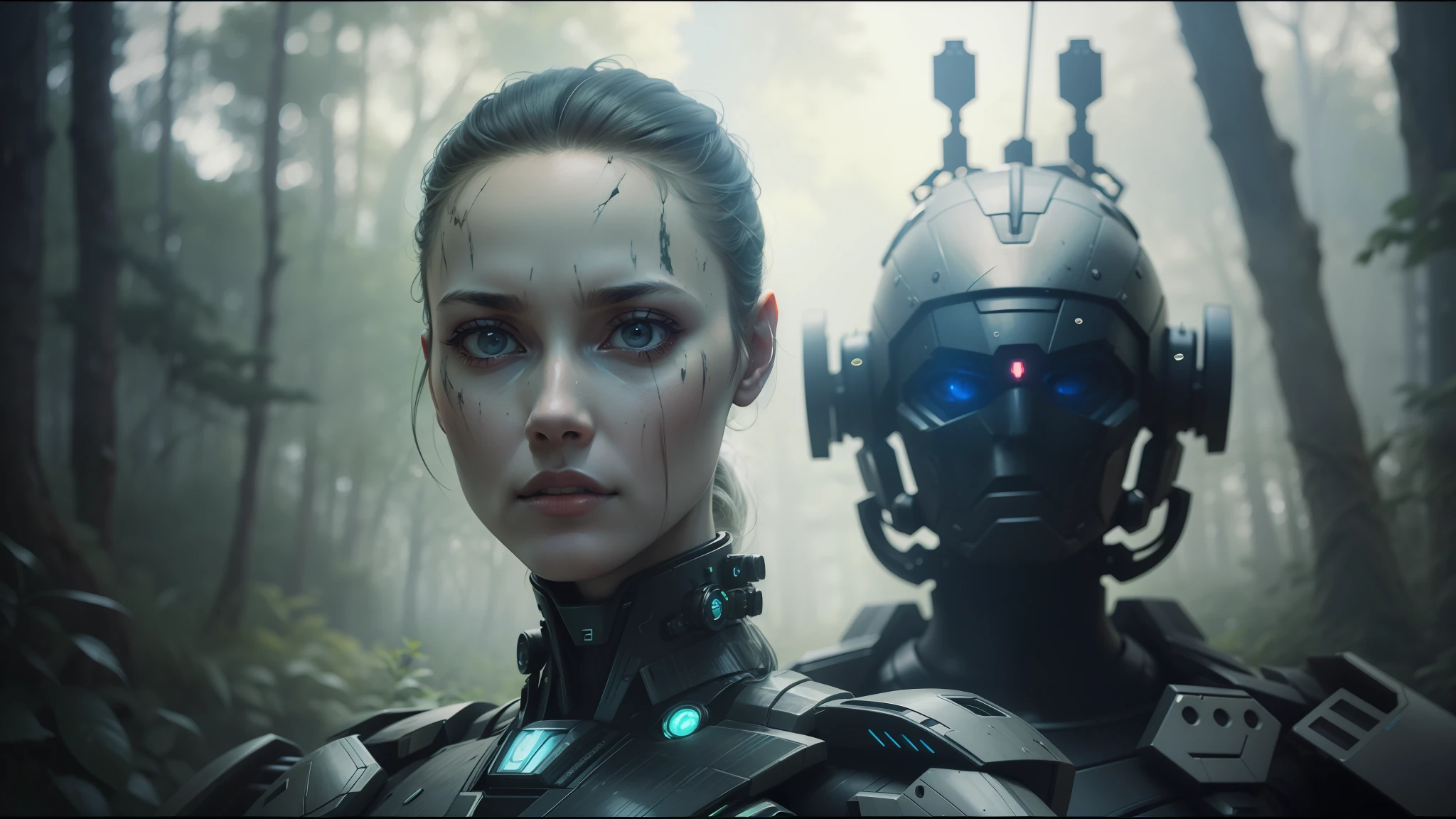 arafed woman in a futuristic suit and a robot in a forest, highly detailed vfx portrait, volodymyr zelensky at war, cyborg girl, inspired by Nikolai Yaroshenko, interconnected human lifeforms, still frame from a movie, by Sándor Brodszky, portrait of terminator, trending on artstattion