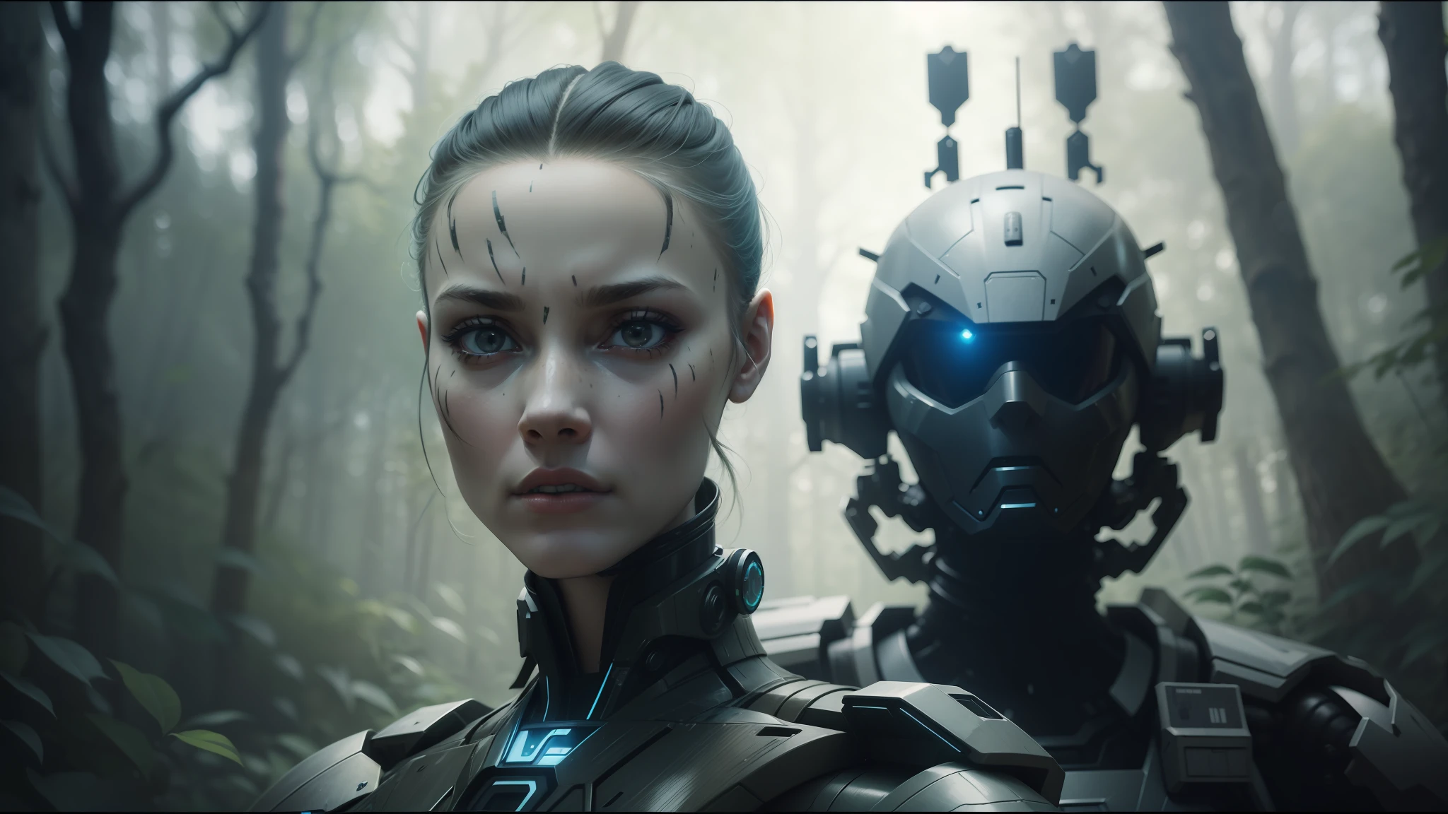 arafed woman in a futuristic suit and a robot in a forest, highly detailed vfx portrait, volodymyr zelensky at war, cyborg girl, inspired by Nikolai Yaroshenko, interconnected human lifeforms, still frame from a movie, by Sándor Brodszky, portrait of terminator, trending on artstattion