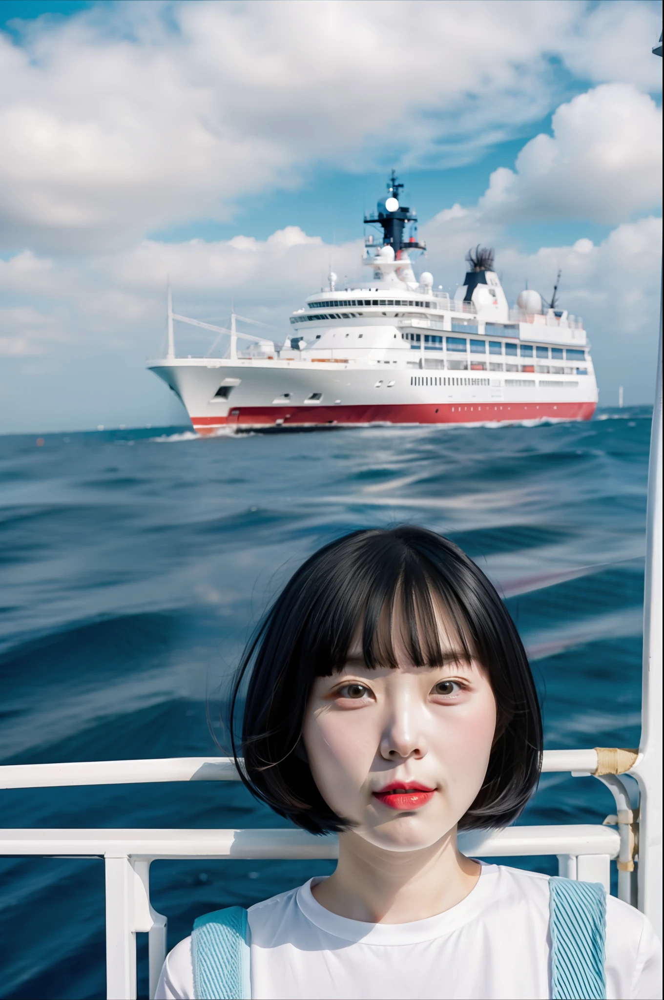 selfie, first person, wide angle, hairstyle bob, on board, at sea,