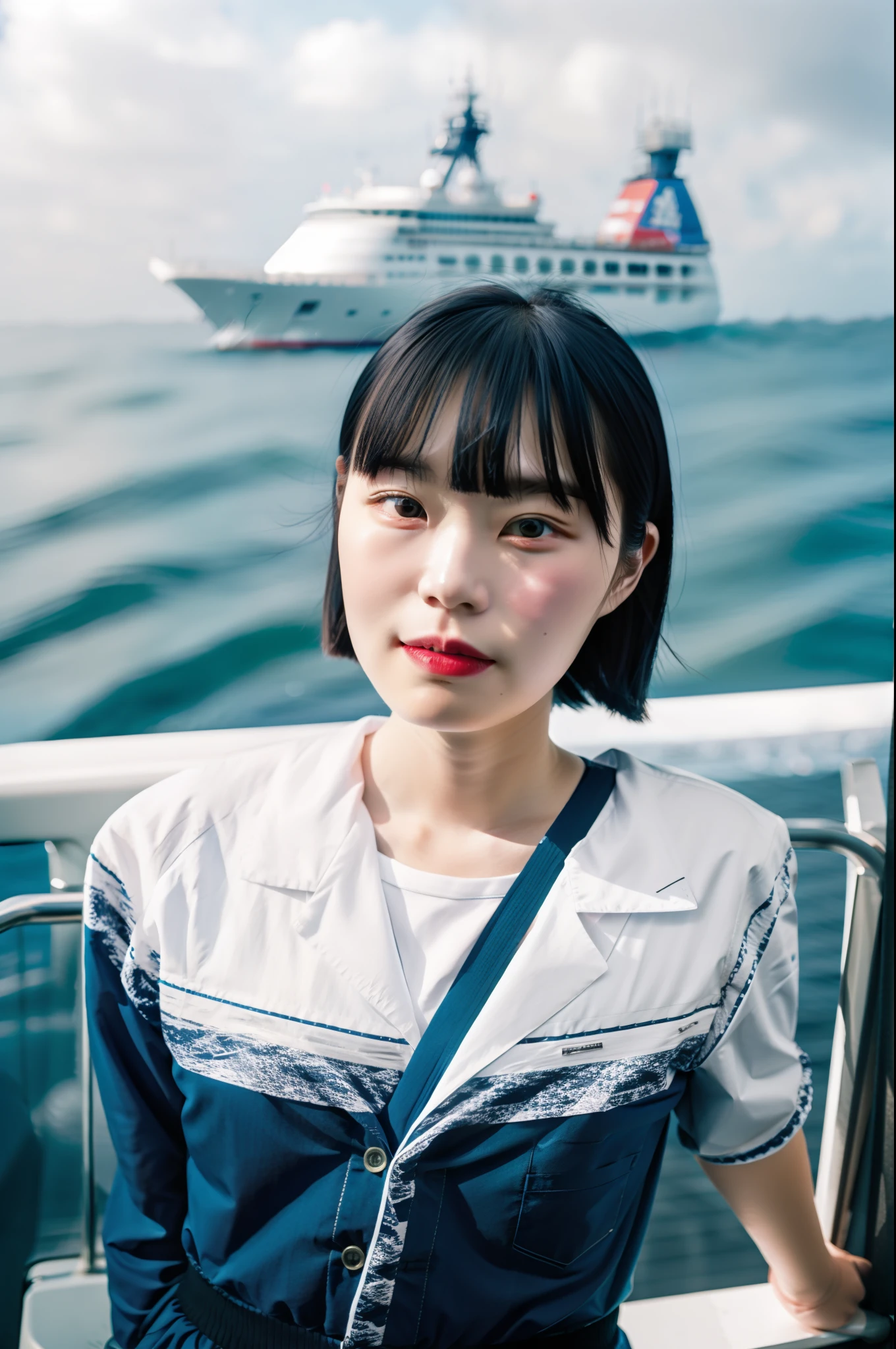 selfie, first person, wide angle, hairstyle bob, on board, at sea,