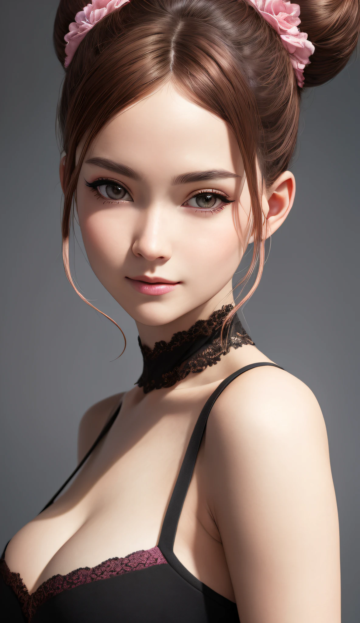 (RAW photo, best quality), (realistic, photo-realistic:1.3), best quality ,masterpiece, an extremely delicate and beautiful, extremely detailed ,CG ,unity ,2k wallpaper, Amazing, finely detail, masterpiece, light smile, best quality, extremely detailed CG unity 8k wallpaper, huge filesize , ultra-detailed, highres, extremely detailed, 1girl, slim body, small breasts, (black leotard top:0.7), (pink skirt:1.2), (bun hair), (brown hair), looking at looking at viewer, sharp focus, face close-up, nsfw,,,, pureerosface_v1:0.8 short hair,