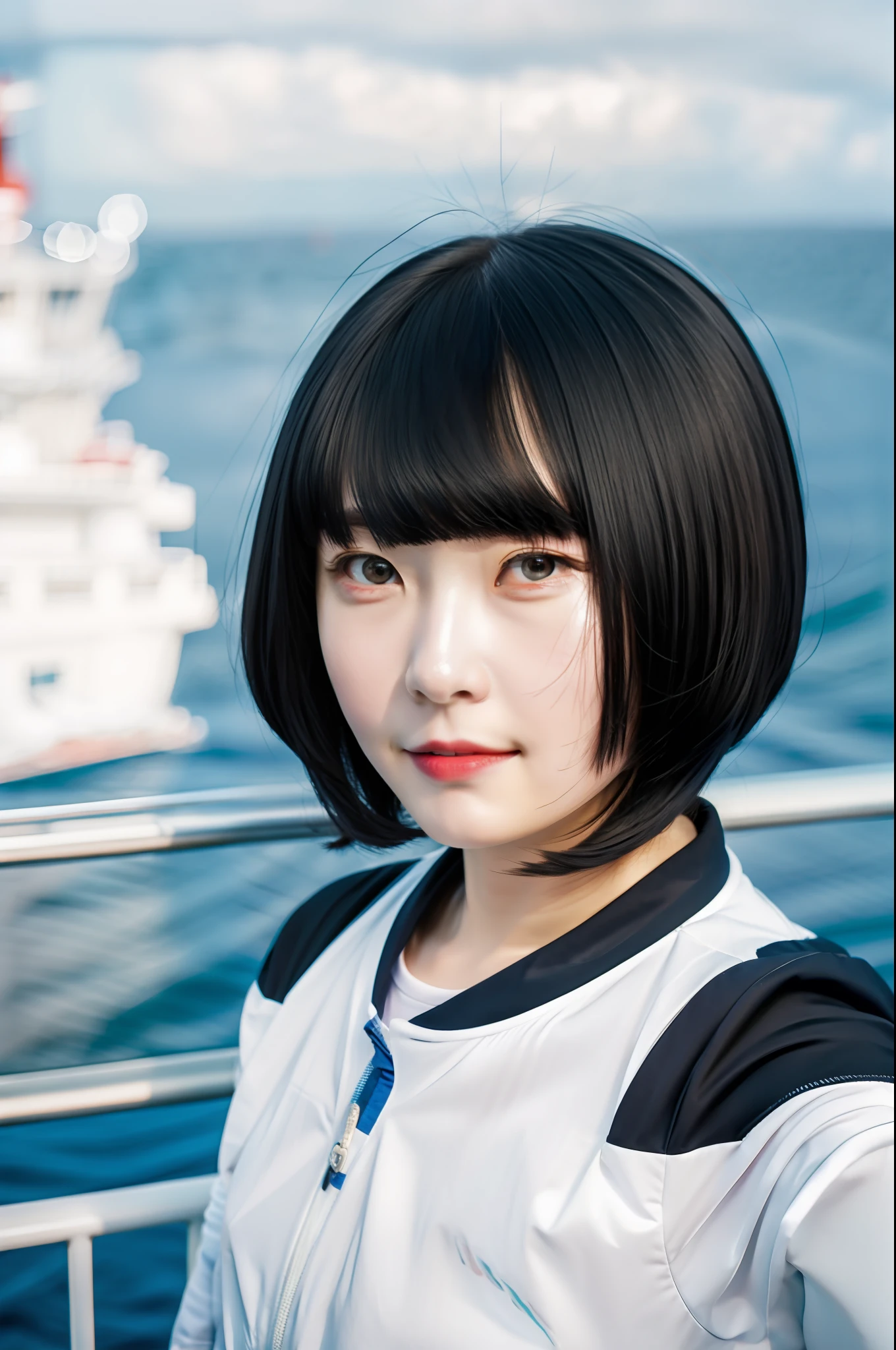 selfie, first person, wide angle, hairstyle bob, on board, at sea,