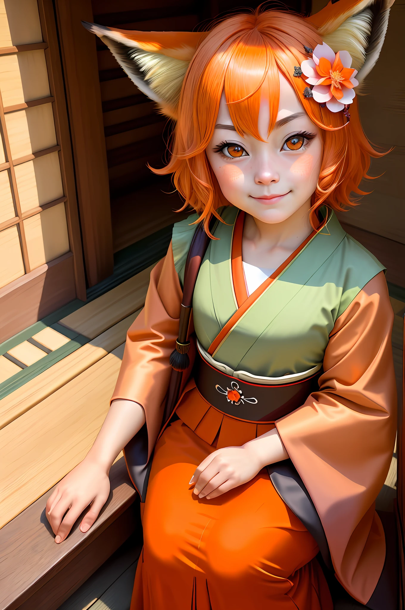 high detail, (photorealistic), realistic, masterpiece, best quality, ((portrait of Senko-san's face The helpful fox )), Senko-sancroptop, detailed face, detailed eyes, (hair flower), (hair ornament), (orange eyes), (orange hair), (short hair), tail, flat chest, kimono, Japanese clothes, Japanese shrine, sfw, miko, happy, [embarrassed smile, pout, [reddened face], pentagram] looking at the viewer from the bottom up. Small.